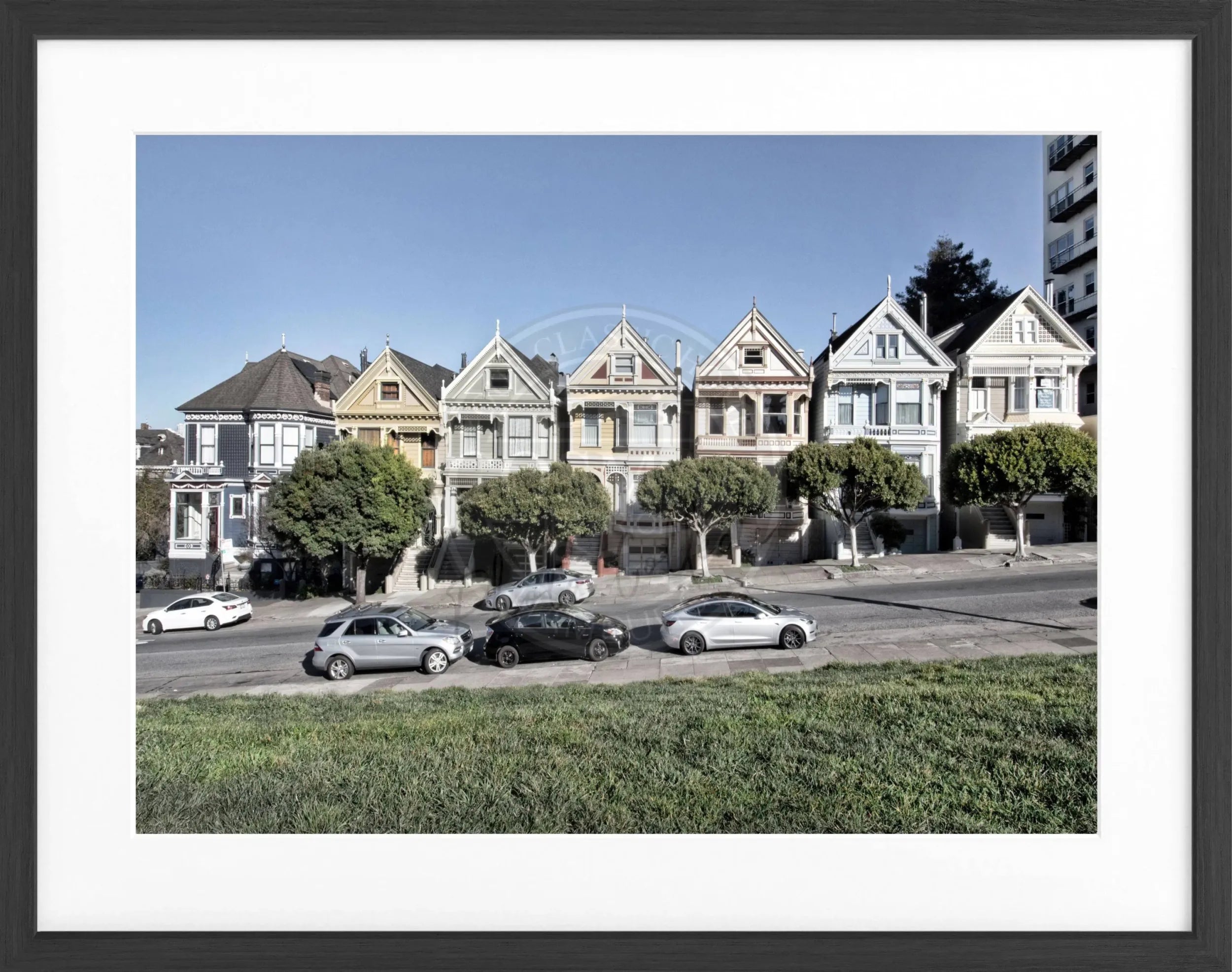 Schwarz-weiß Poster 'Painted Ladies' San Francisco mit Rahmen, 31x25 cm, von Cosman-Photocollection