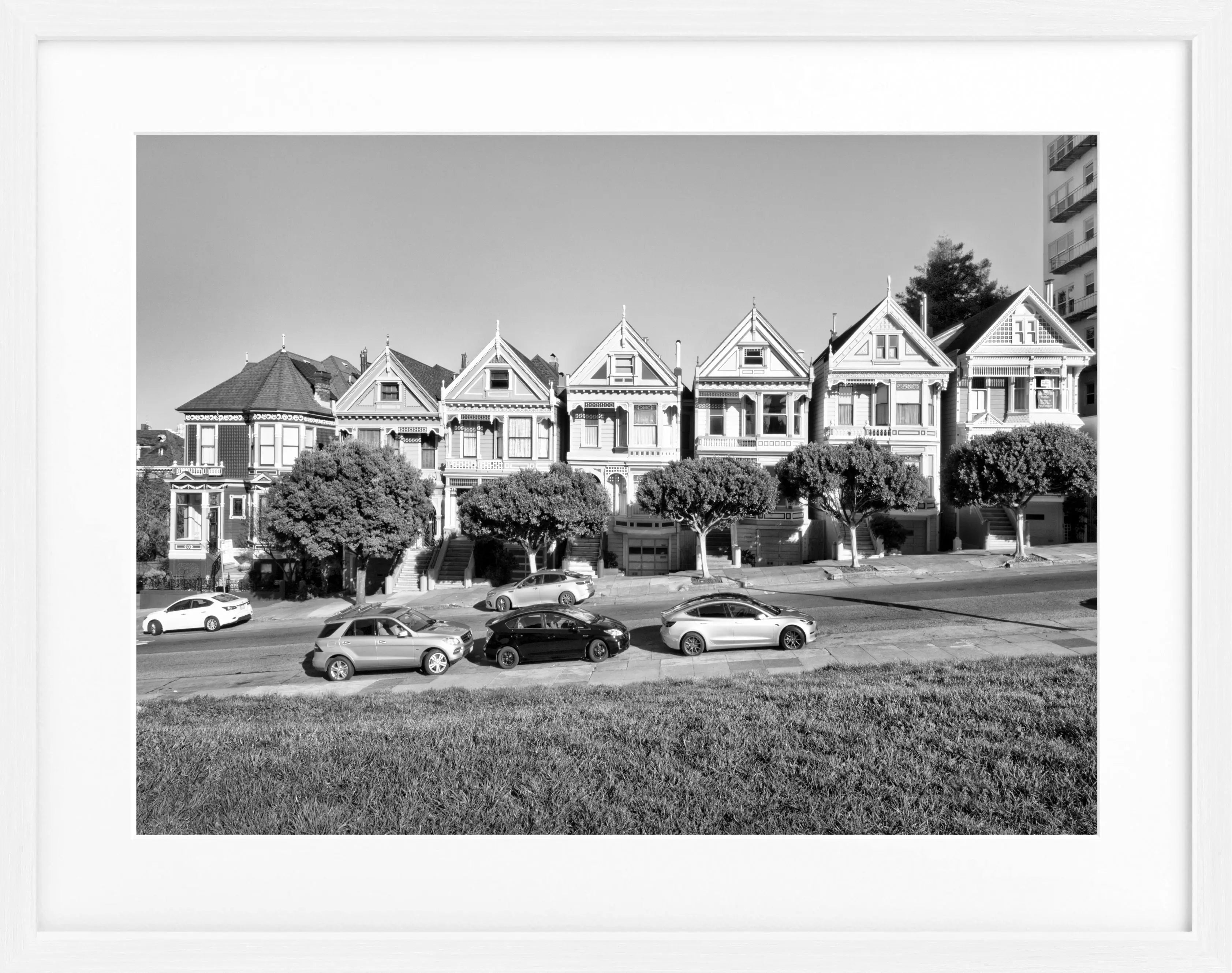 Schwarz-weiß Poster mit Rahmen von Cosman-Photocollection, 'Painted Ladies' San Francisco, 31x25cm, Wandbild mit historischen Häusern