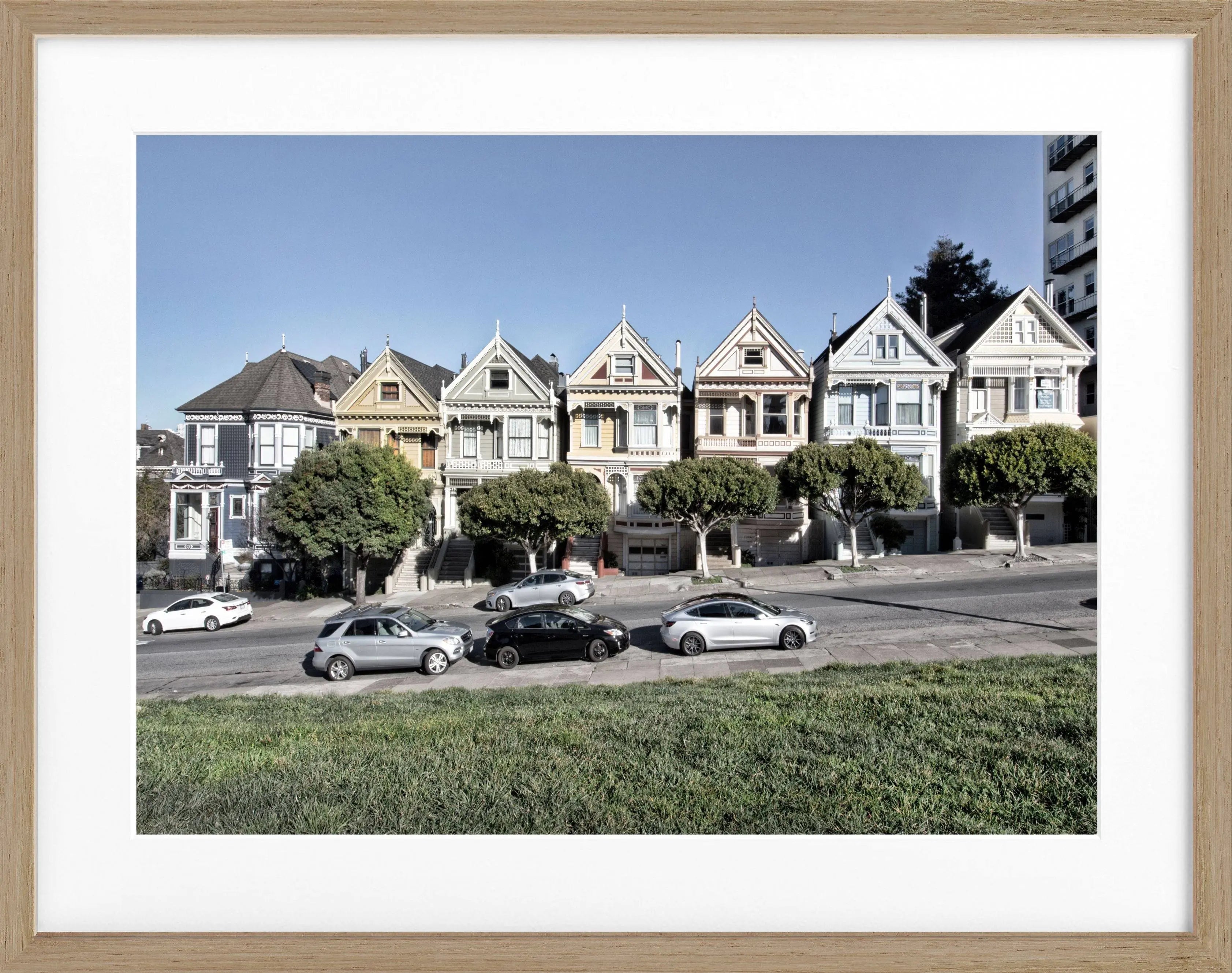 Schwarz-weiß Poster mit Rahmen 'Painted Ladies' San Francisco, von Cosman-Photocollection, 31x25cm, Wanddekoration