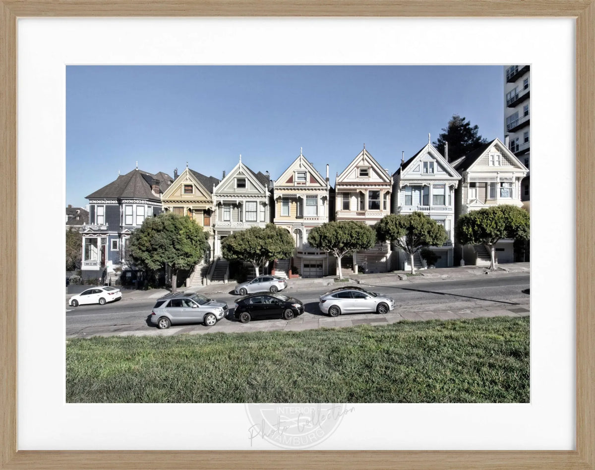 Schwarz-weiß Poster mit Rahmen 'Painted Ladies' San Francisco, von Cosman-Photocollection, 31x25cm, Wanddekoration