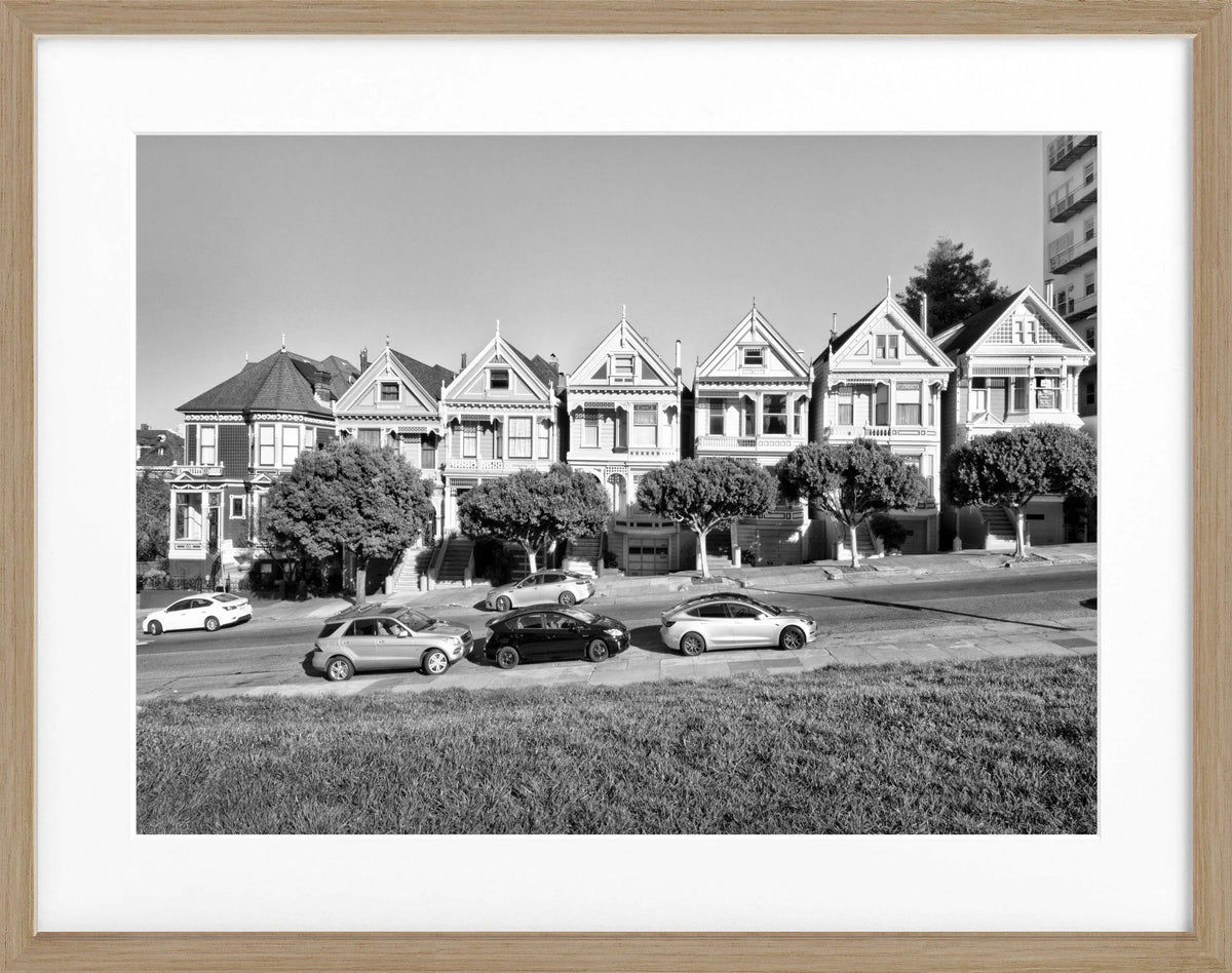 Schwarz-weiß Poster mit Rahmen ‚Painted Ladies‘ San Francisco, von Cosman-Photocollection, 31x25 cm, dekoratives Wandbild