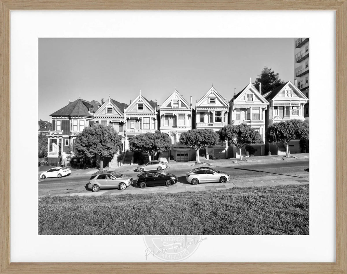 Schwarz-weiß Poster mit Rahmen ‚Painted Ladies‘ San Francisco, von Cosman-Photocollection, 31x25 cm, dekoratives Wandbild