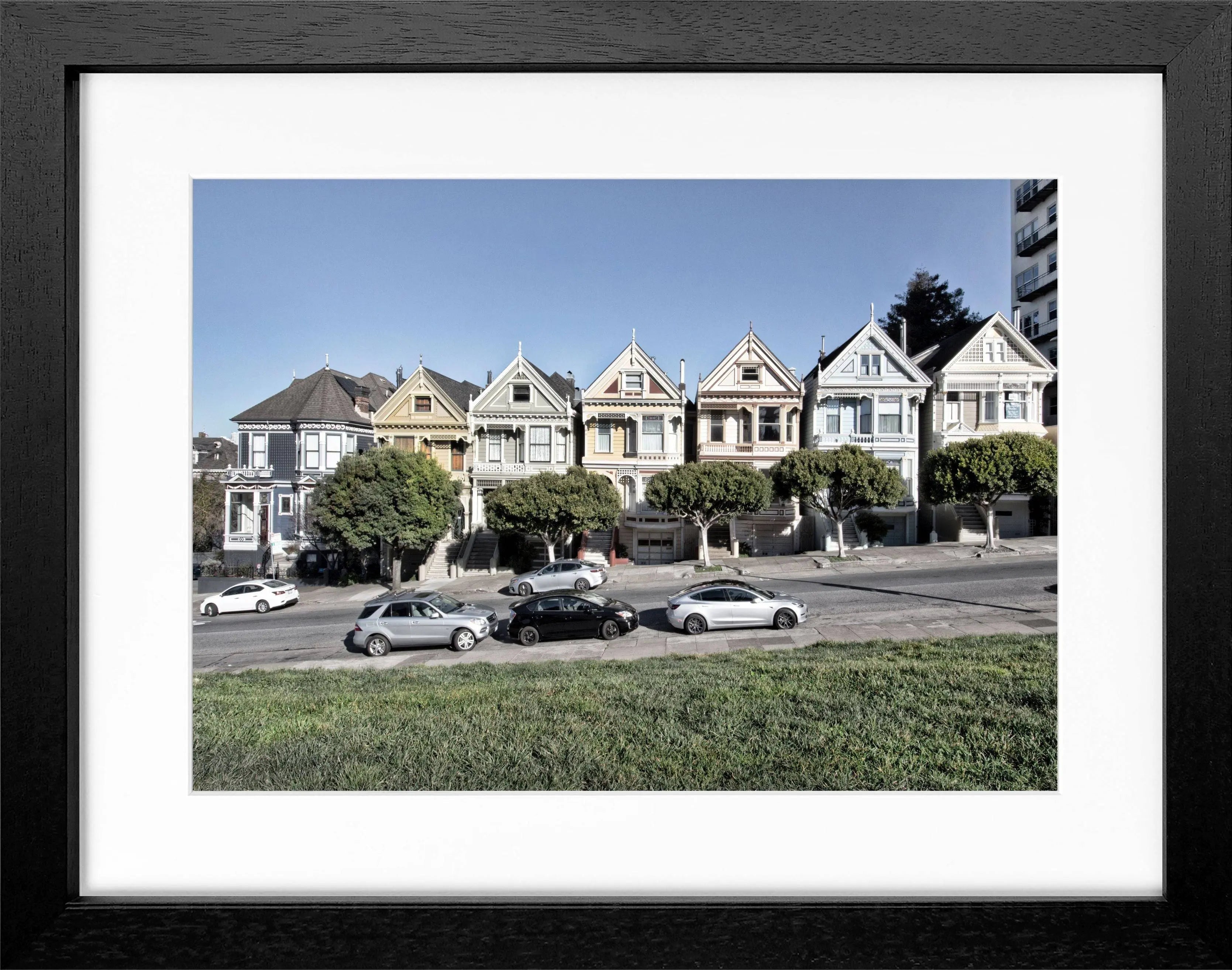 Schwarz-weiß Poster mit Rahmen ’Painted Ladies’ San Francisco, 31x25cm, von Cosman-Photocollection, Wanddekoration mit Stadtmotiv