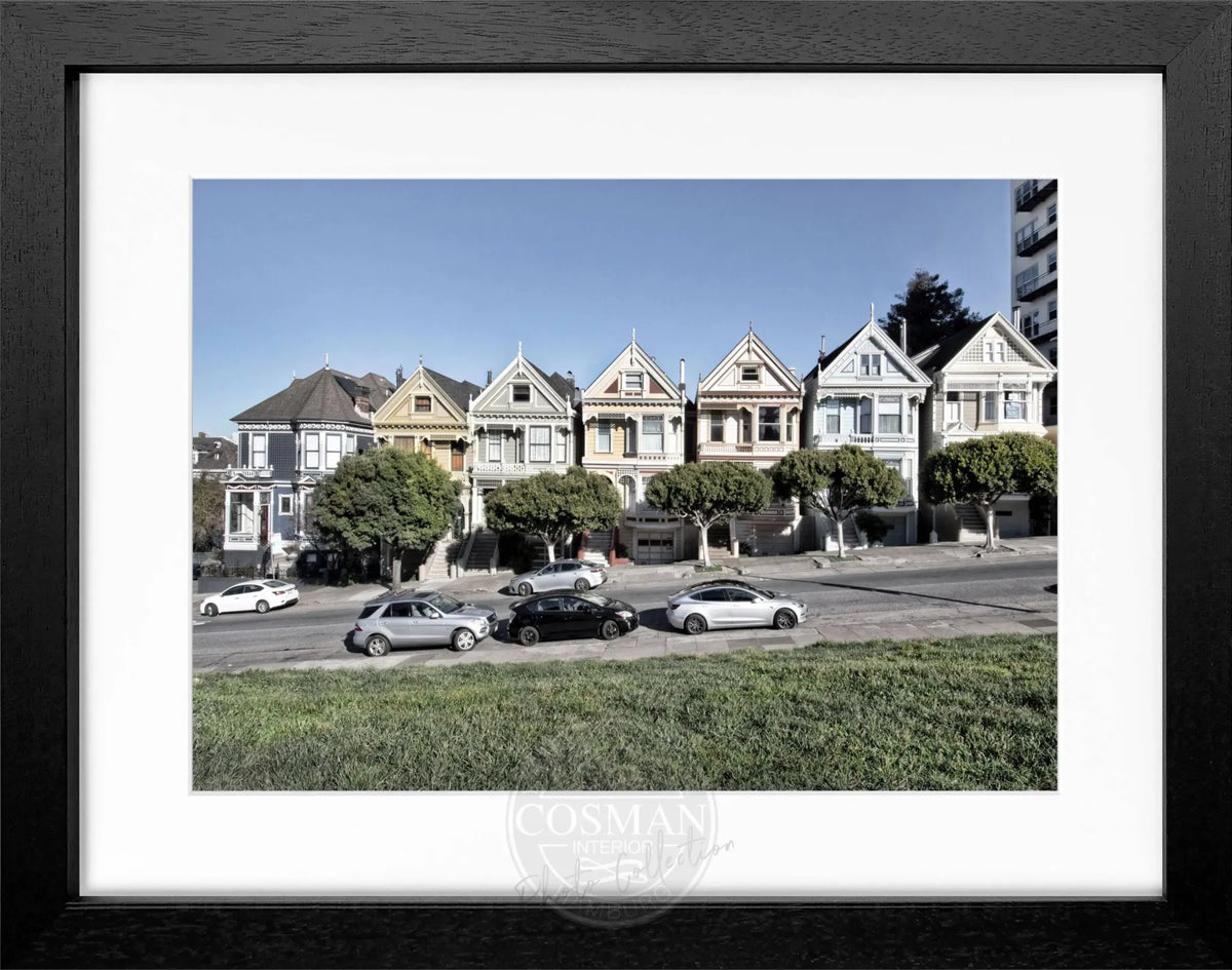 Schwarz-weiß Poster mit Rahmen ’Painted Ladies’ San Francisco, 31x25cm, von Cosman-Photocollection, Wanddekoration mit Stadtmotiv