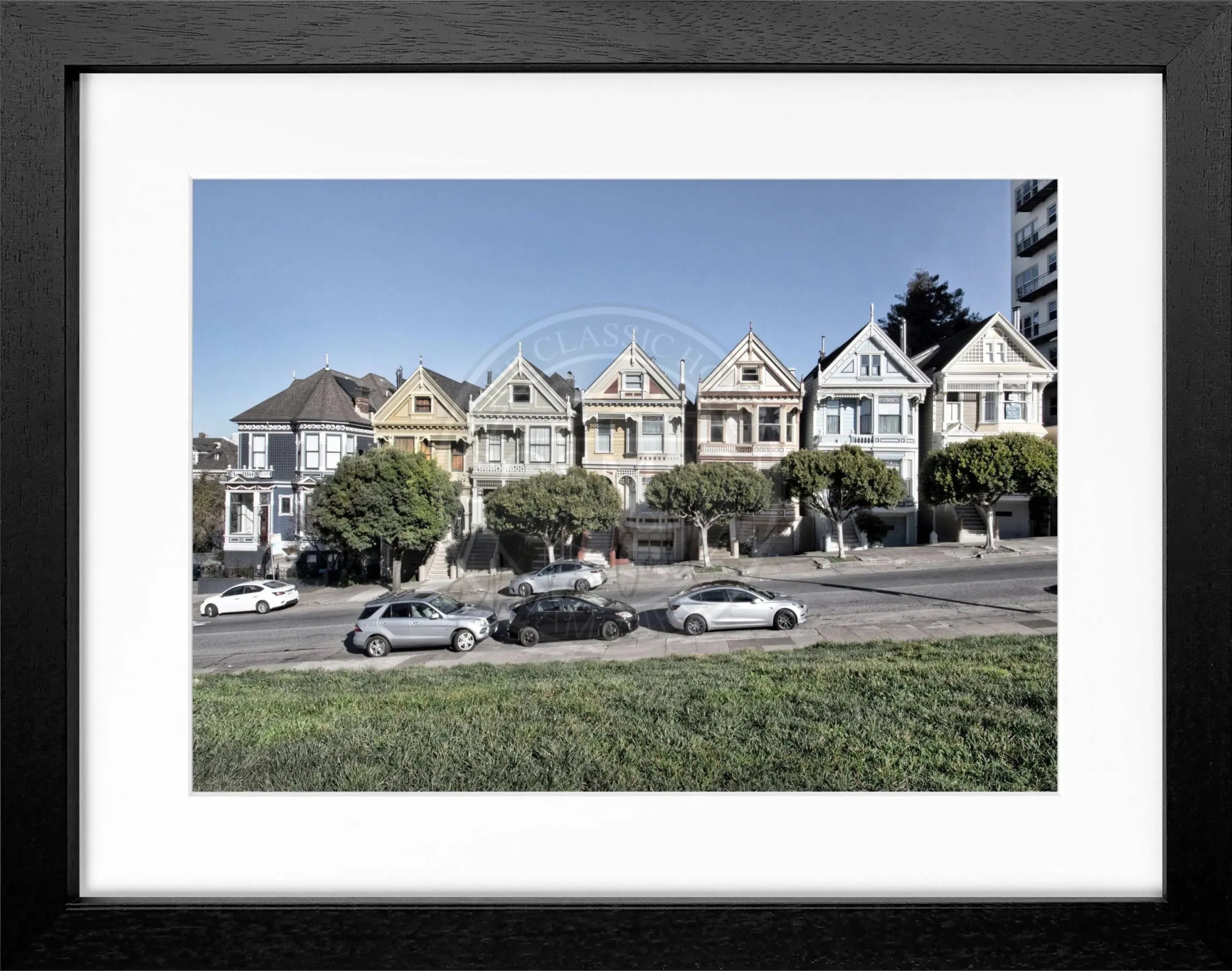 Schwarz-weiß Poster mit Rahmen ’Painted Ladies’ San Francisco, 31x25cm, von Cosman-Photocollection, Wanddekoration mit Stadtmotiv