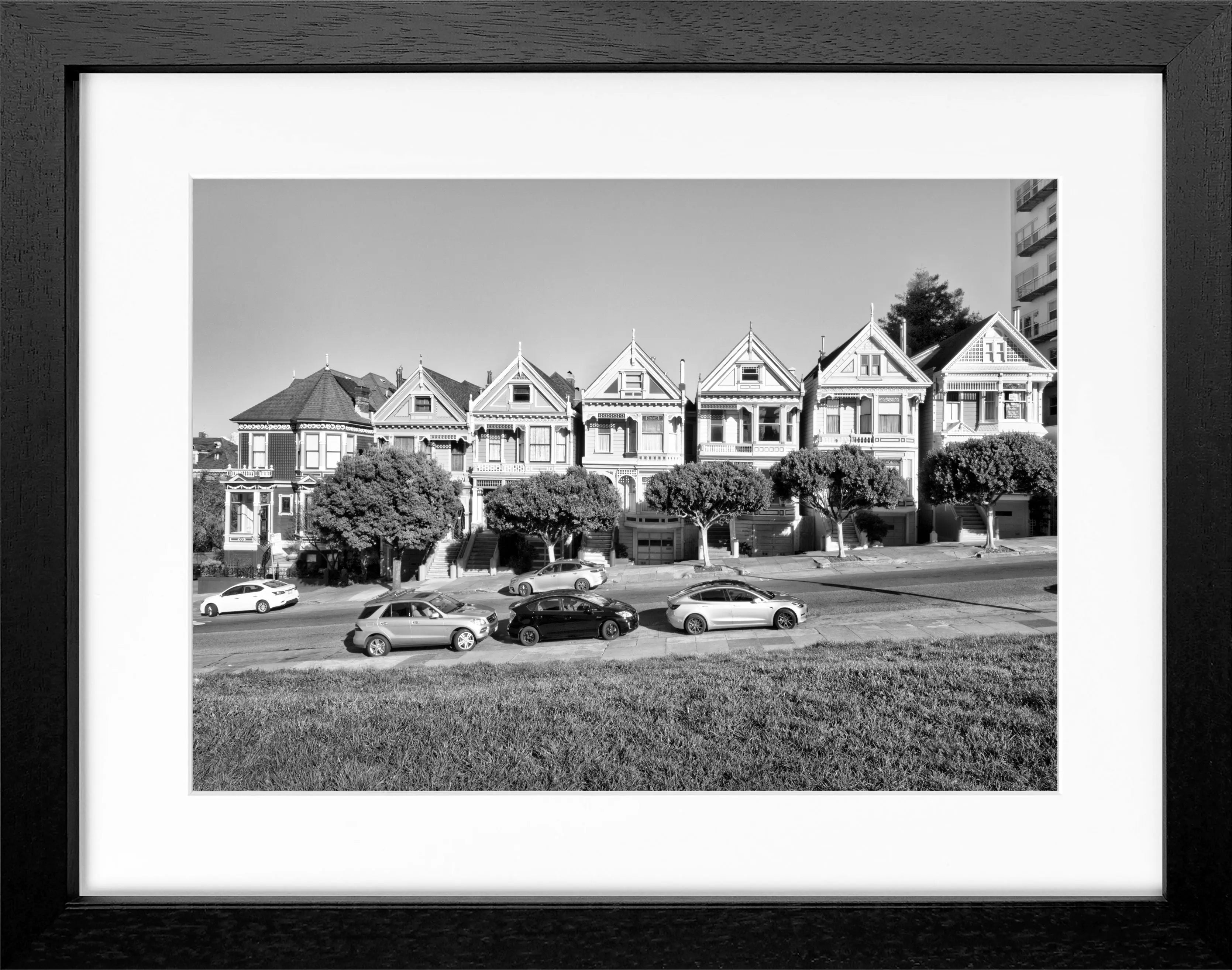Schwarz-weiß Poster mit Rahmen 'Painted Ladies' von Cosman-Photocollection, San Francisco, 31x25 cm, kunstvolles Stadtmotiv