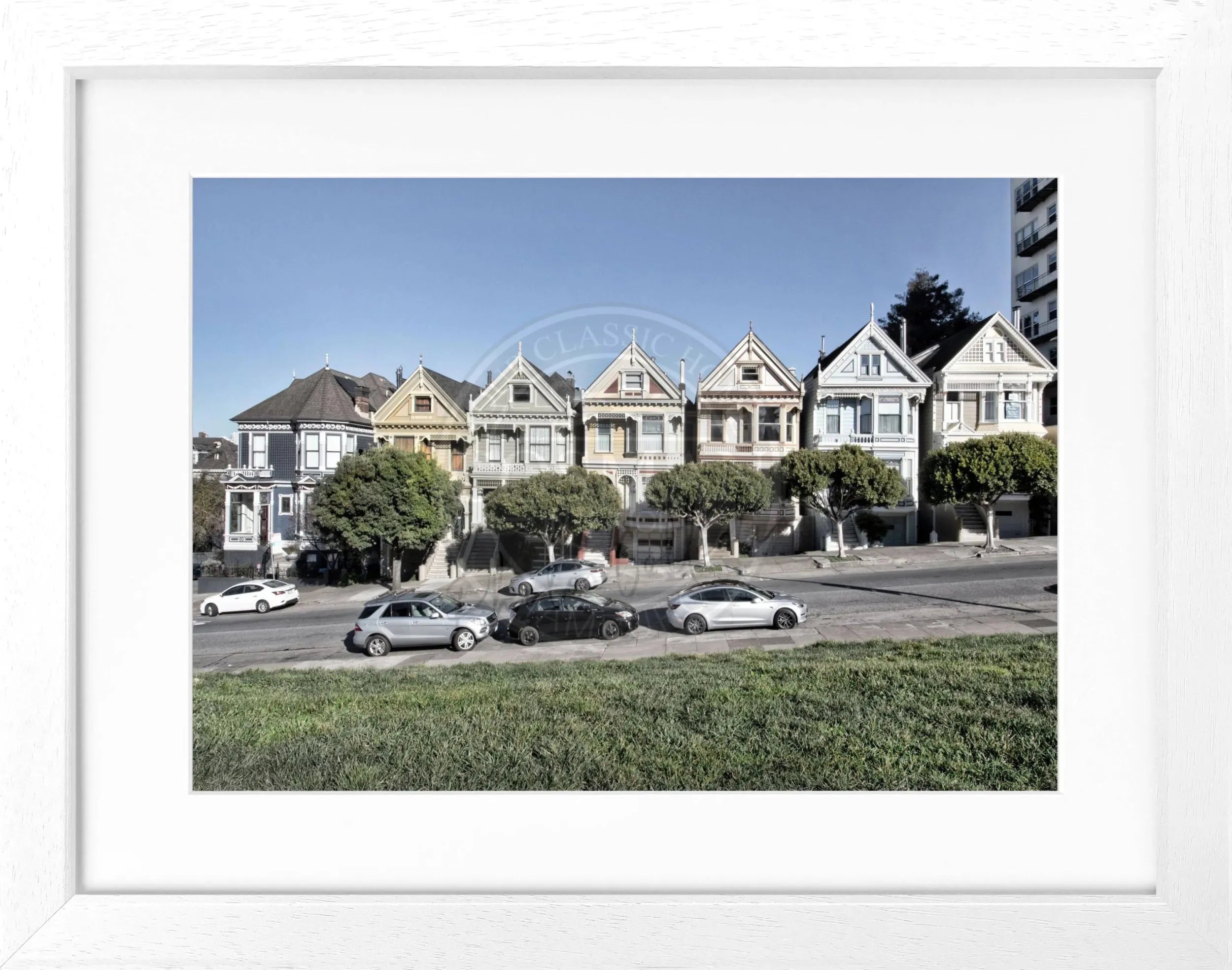 Schwarz-weiß Poster mit Rahmen ’Painted Ladies’ San Francisco, von Cosman-Photocollection, ca. 31x25 cm.