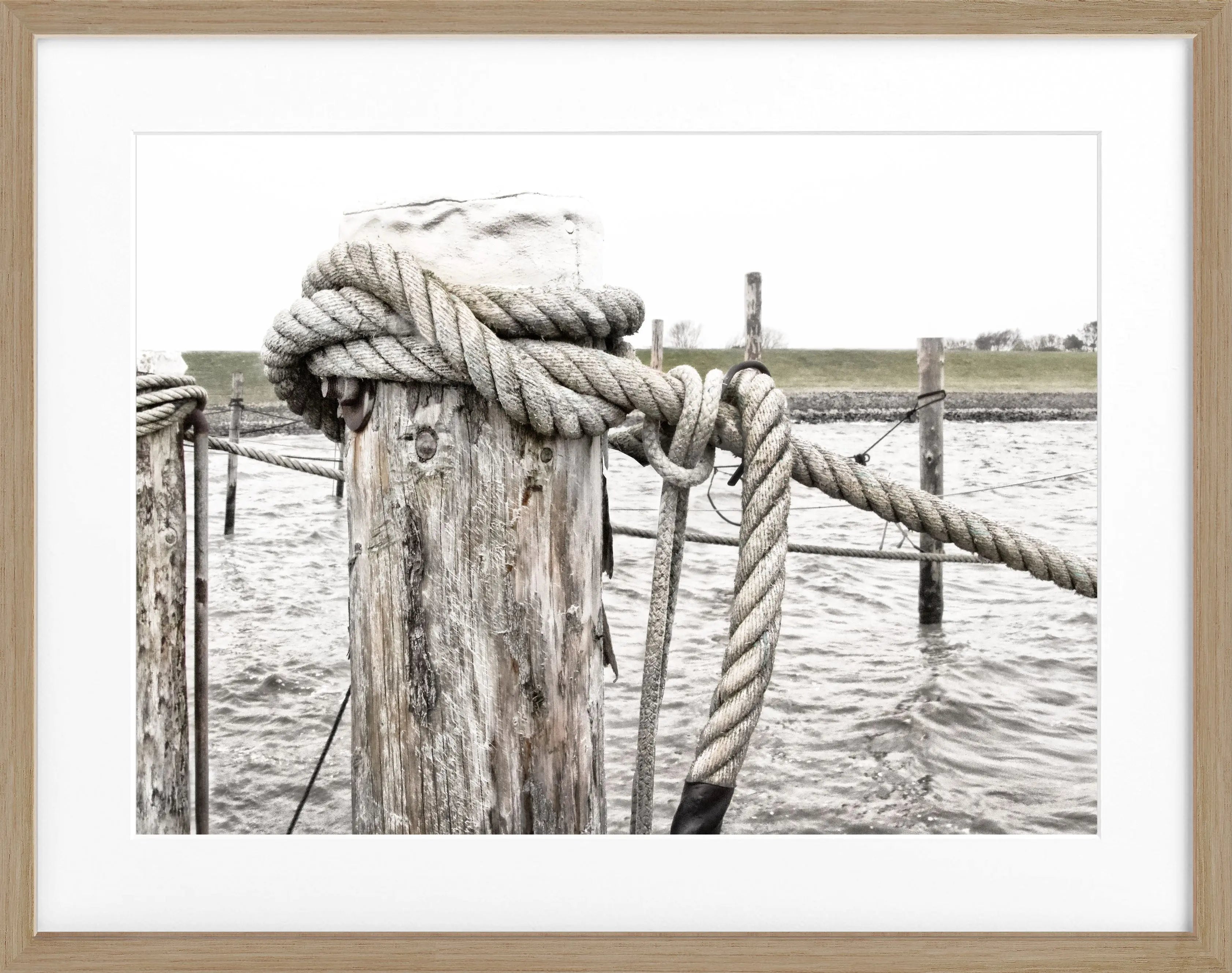 Schwarz-weiß Poster mit Rahmen ’Poller’ Sylt SY67 von Cosman-Photocollection, 31x25 cm, Motiv mit Pollern an der Küste