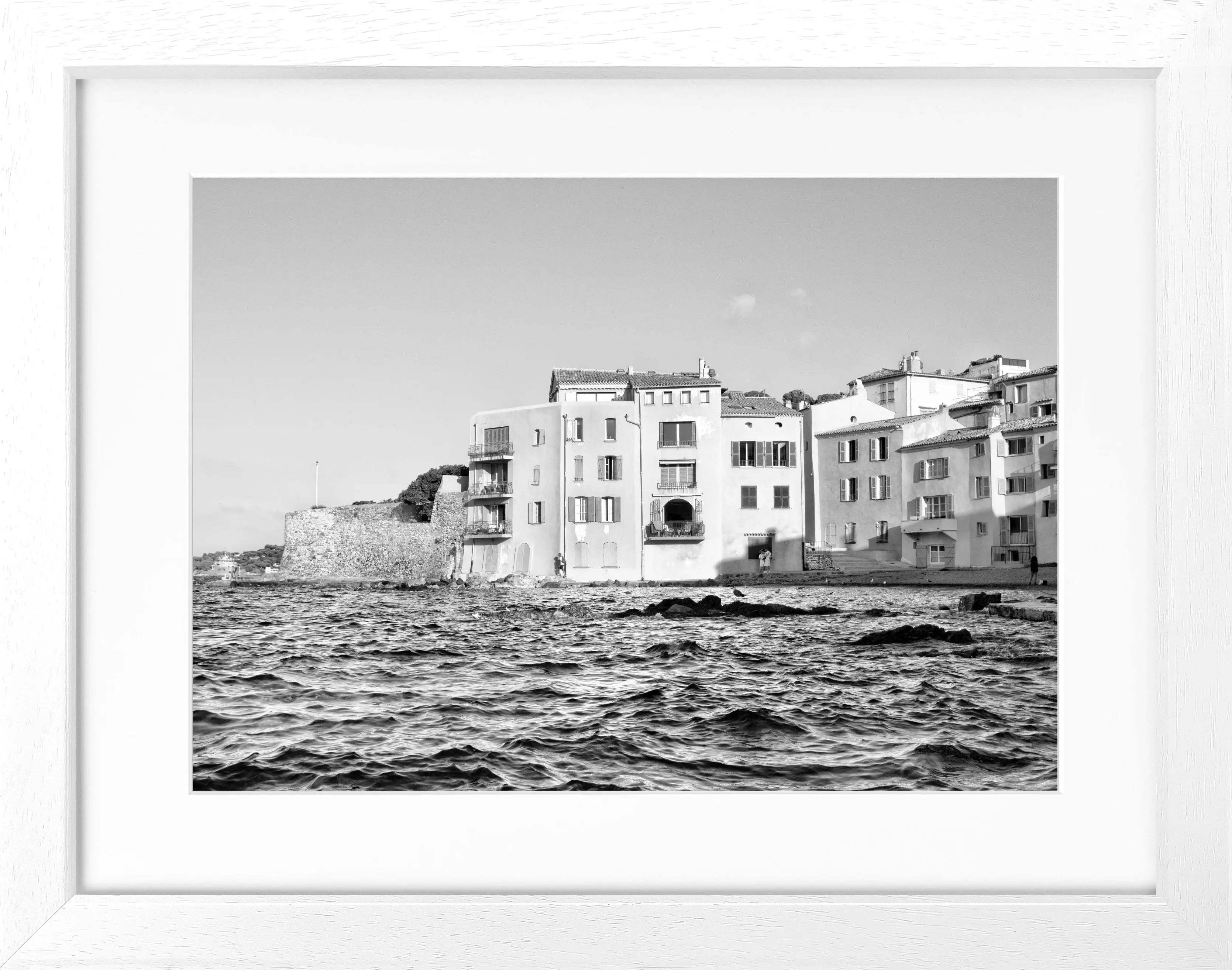 Schwarz-weiß Poster mit Rahmen von Saint Tropez, von Cosman-Photocollection, 31x25cm, Wanddekoration mit Stadtmotiv