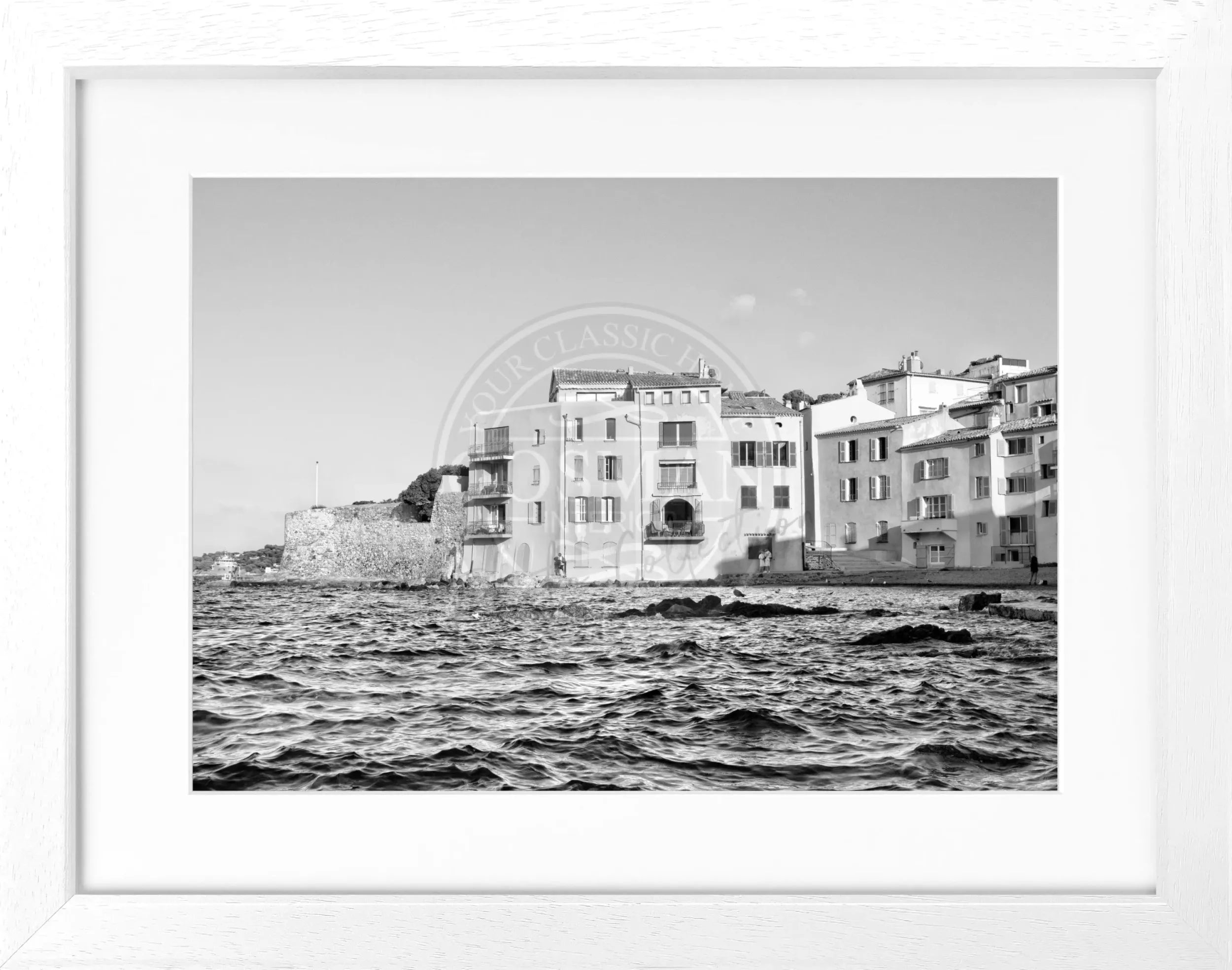 Schwarz-weiß Poster mit Rahmen von Saint Tropez, 31x25cm, von Cosman-Photocollection, stilvolles Wandbild für das Zuhause