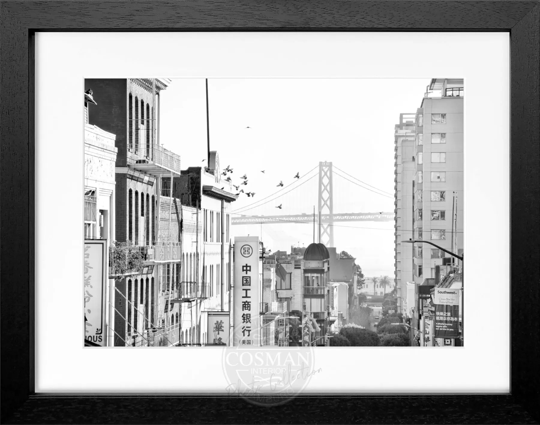 Schwarz-weiß Poster mit Rahmen von Cosman-Photocollection, San Francisco Bay Bridge, 31x25cm, stilvolle Wanddekoration