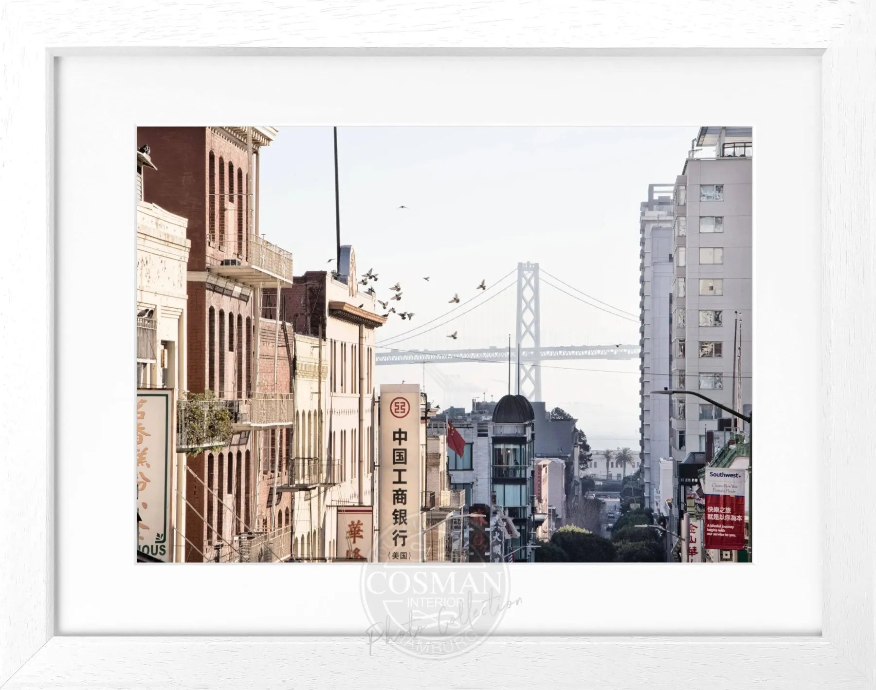 Schwarz-weiß Poster mit Rahmen von Cosman-Photocollection, San Francisco Bay Bridge, Motiv 31x25 cm, Wanddekoration