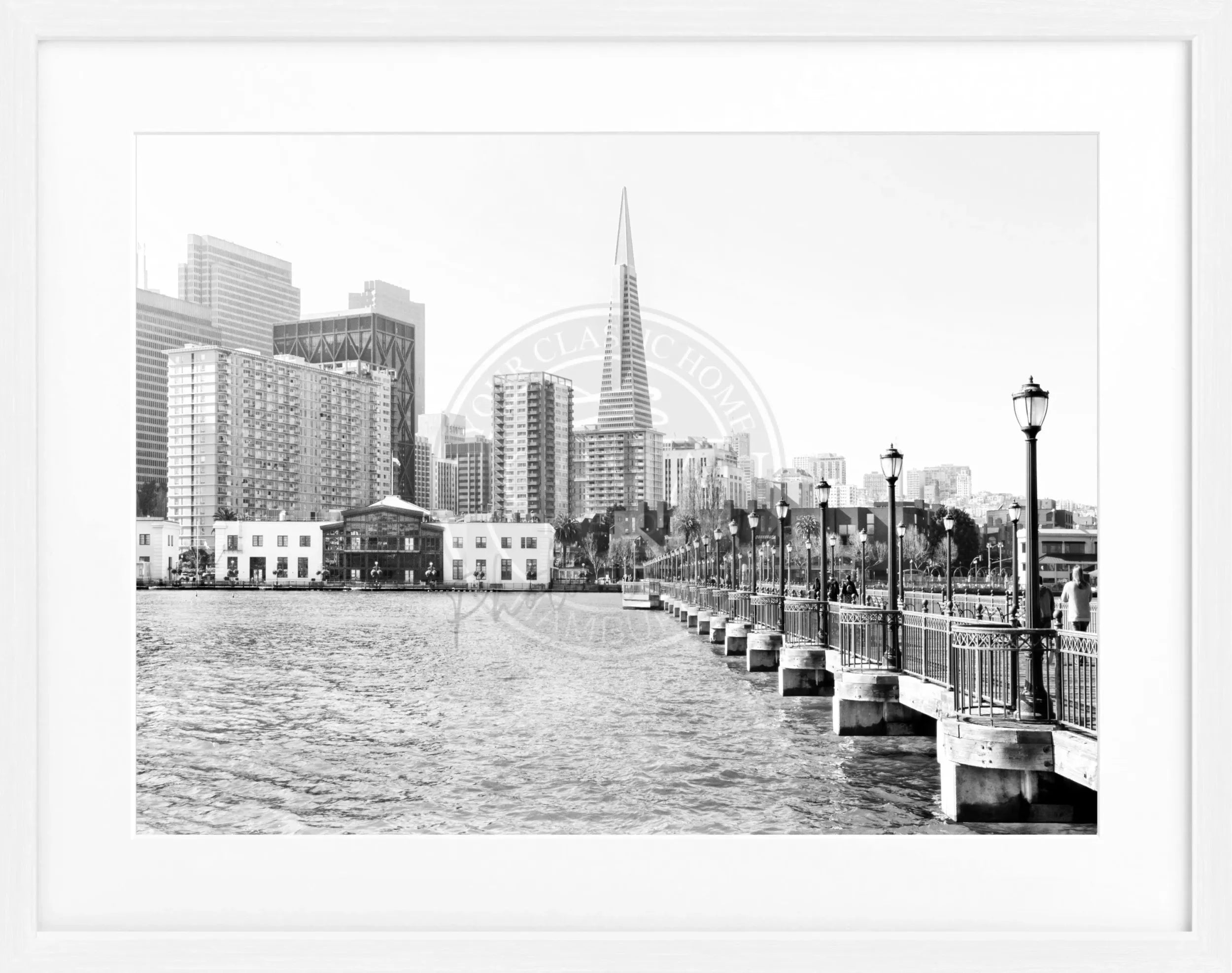 Schwarz-weiß Poster mit Rahmen der Skyline von San Francisco, 31x25 cm, von Cosman-Photocollection.