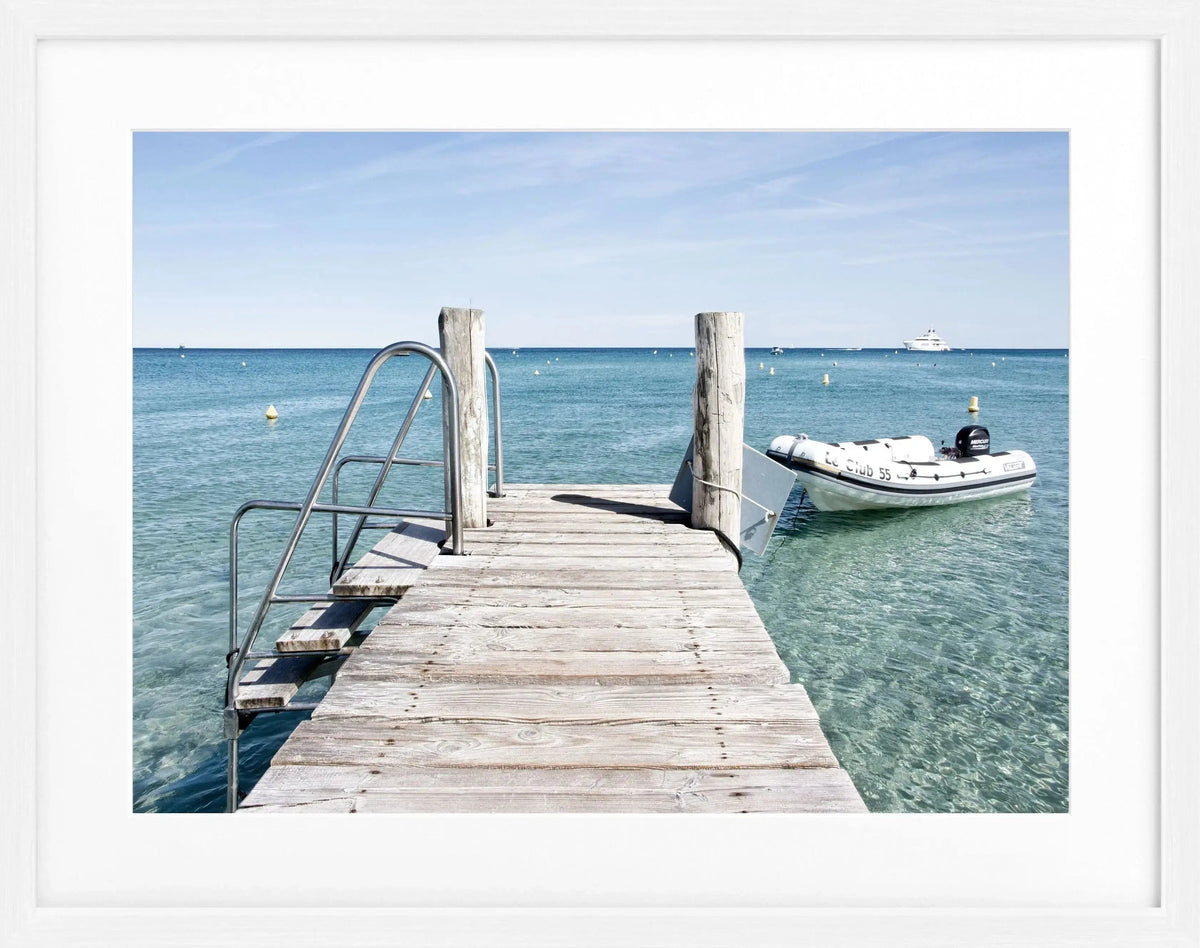 Schwarz-weiß Poster mit Rahmen ’Steg’ Saint Tropez ST23 von Cosman-Photocollection, 31x25cm, Wanddekoration mit Meeresmotiv