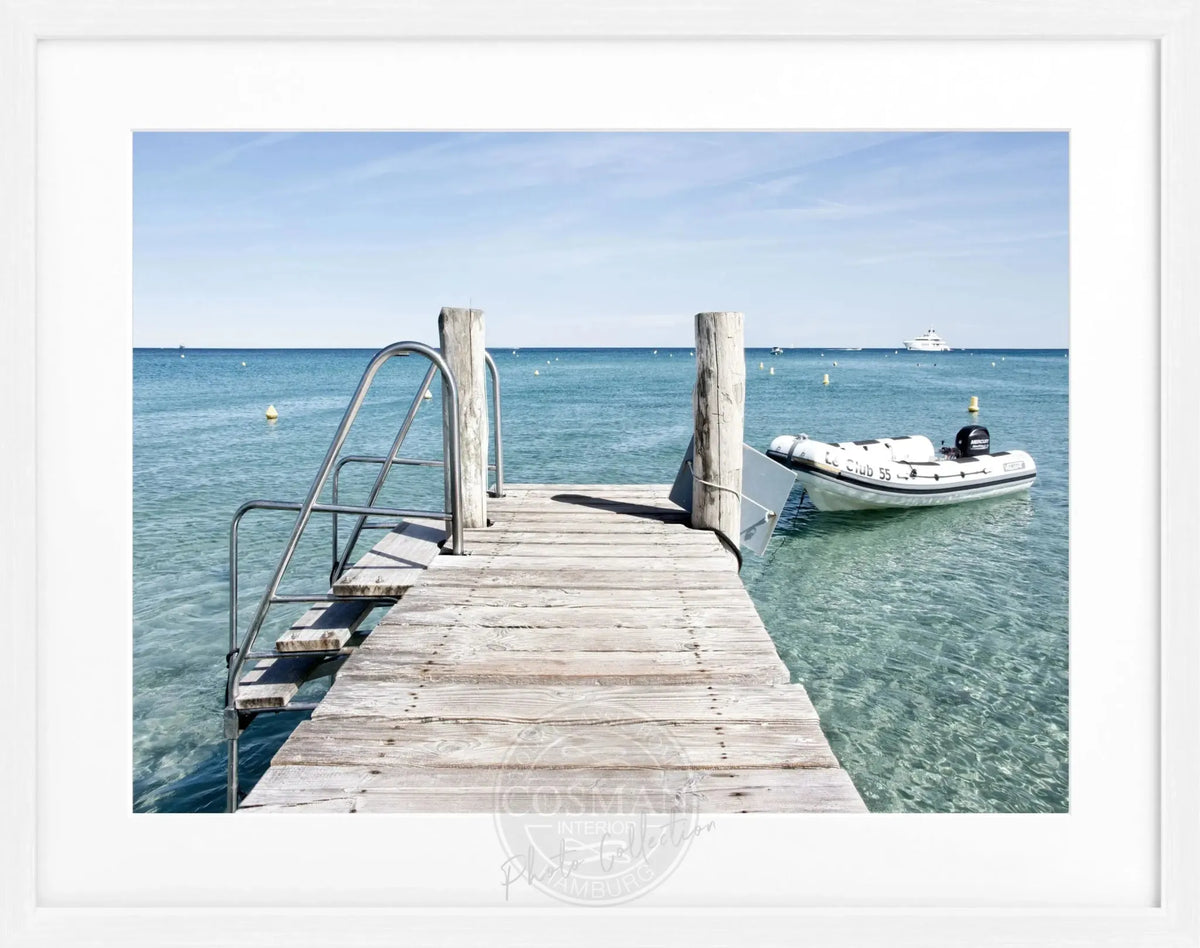 Schwarz-weiß Poster mit Rahmen ’Steg’ Saint Tropez ST23 von Cosman-Photocollection, 31x25cm, Wanddekoration mit Meeresmotiv
