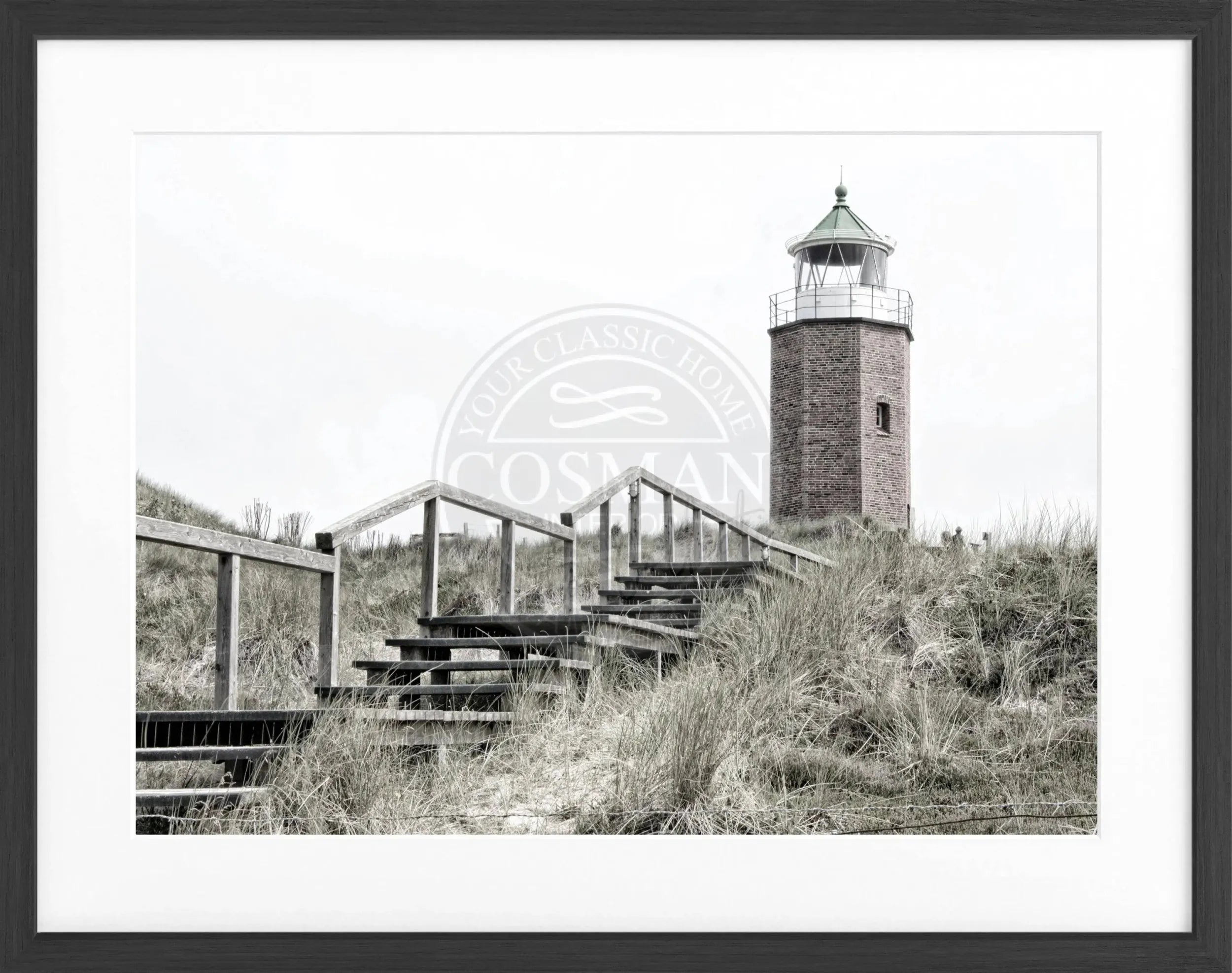 Schwarzweiß-Poster mit Rahmen, zeigt den Leuchtturm auf Sylt Kampen, von Cosman-Photocollection, 31x25 cm