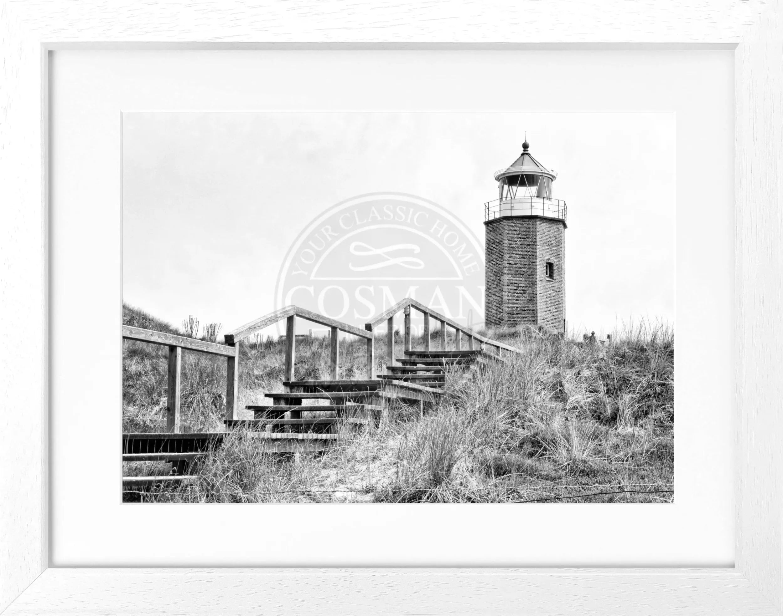 Schwarzweiß-Poster mit Rahmen, Sylt Leuchtturm Kampen, aus der Cosman-Photocollection, 31x25 cm, leicht schwarzer Rahmen
