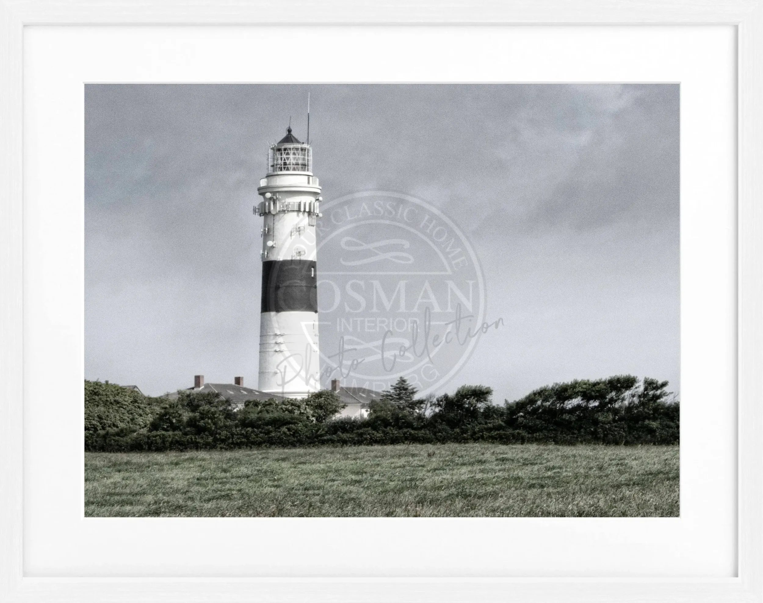 Schwarz-weiß Poster mit Rahmen, zeigt den Sylt Leuchtturm Kampen, Cosman-Photocollection, 31x25 cm, Wanddekoration