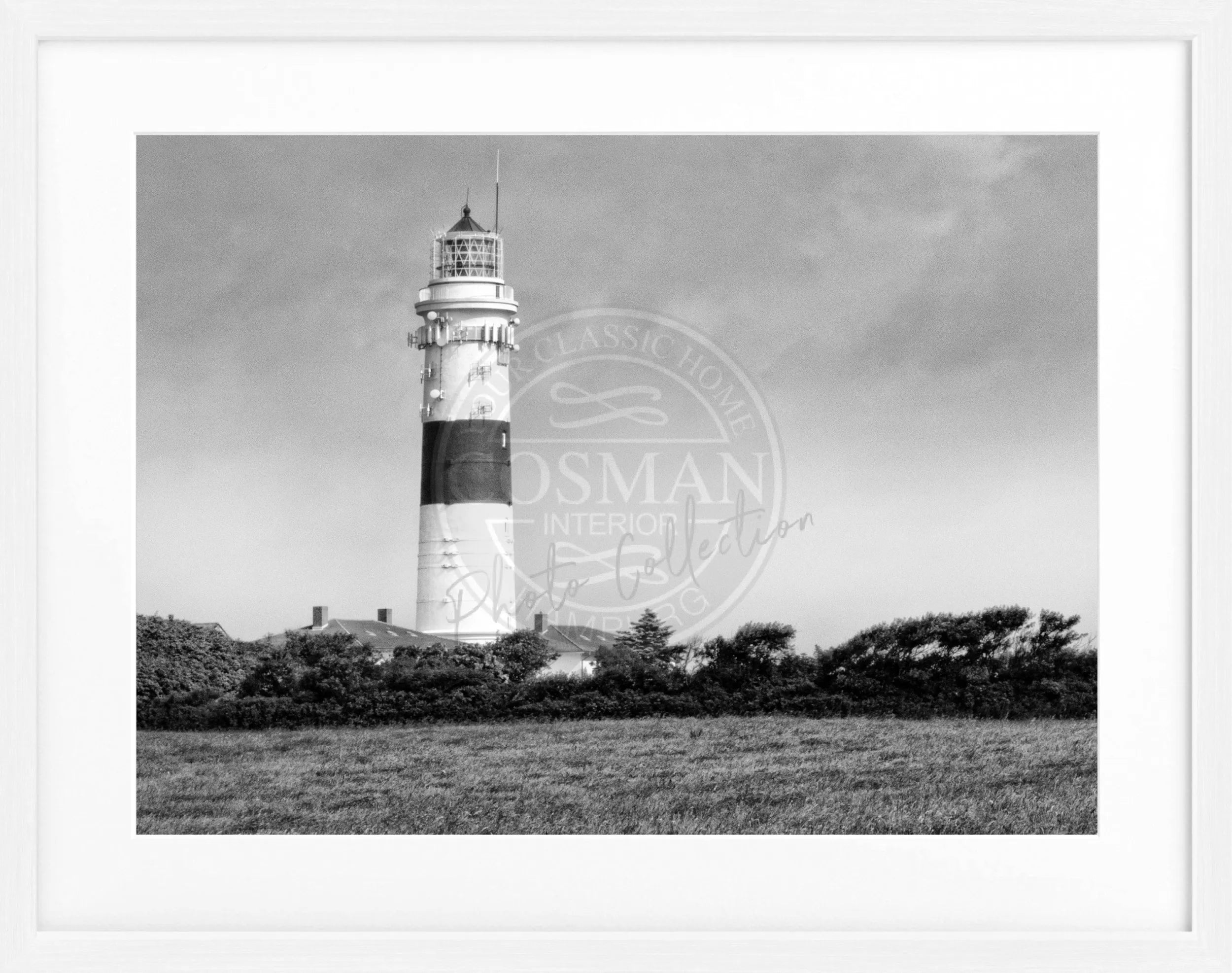 Schwarz-weiß Poster mit Rahmen von Cosman-Photocollection, Leuchtturm Kampen Sylt, 31x25 cm, maritimes Motiv