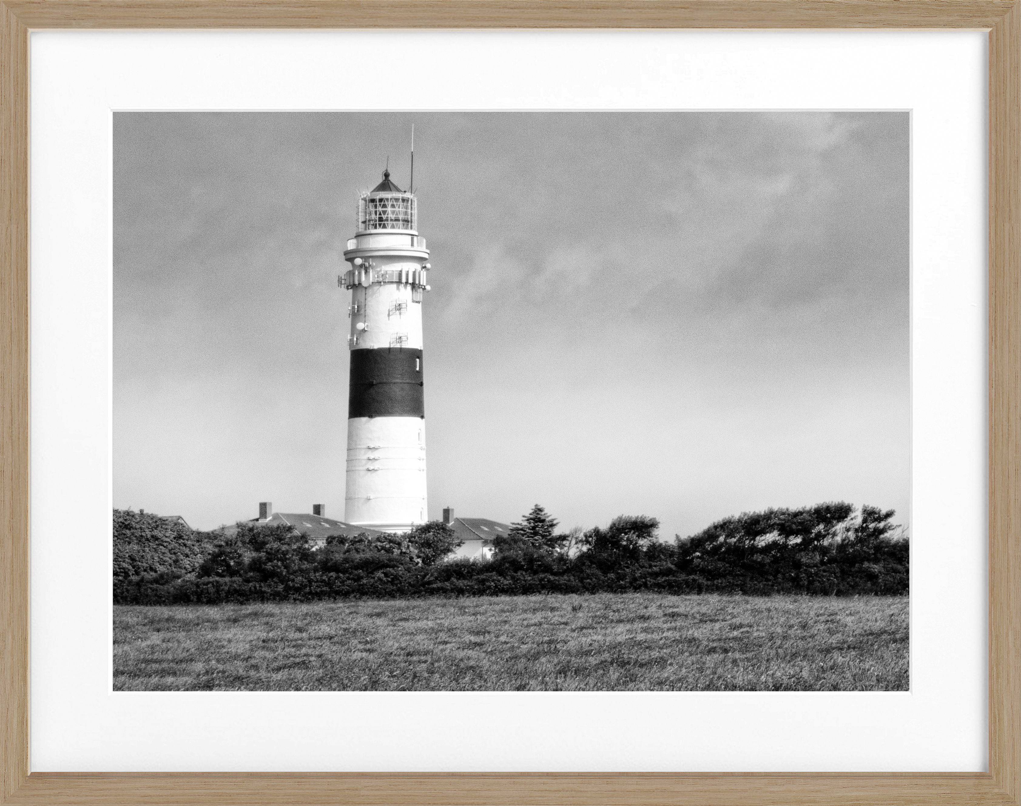 Schwarz-weiß Poster mit Rahmen von Cosman-Photocollection, Leuchtturm Sylt Kampen, 31x25 cm, Wanddekoration, Meeresmotiv