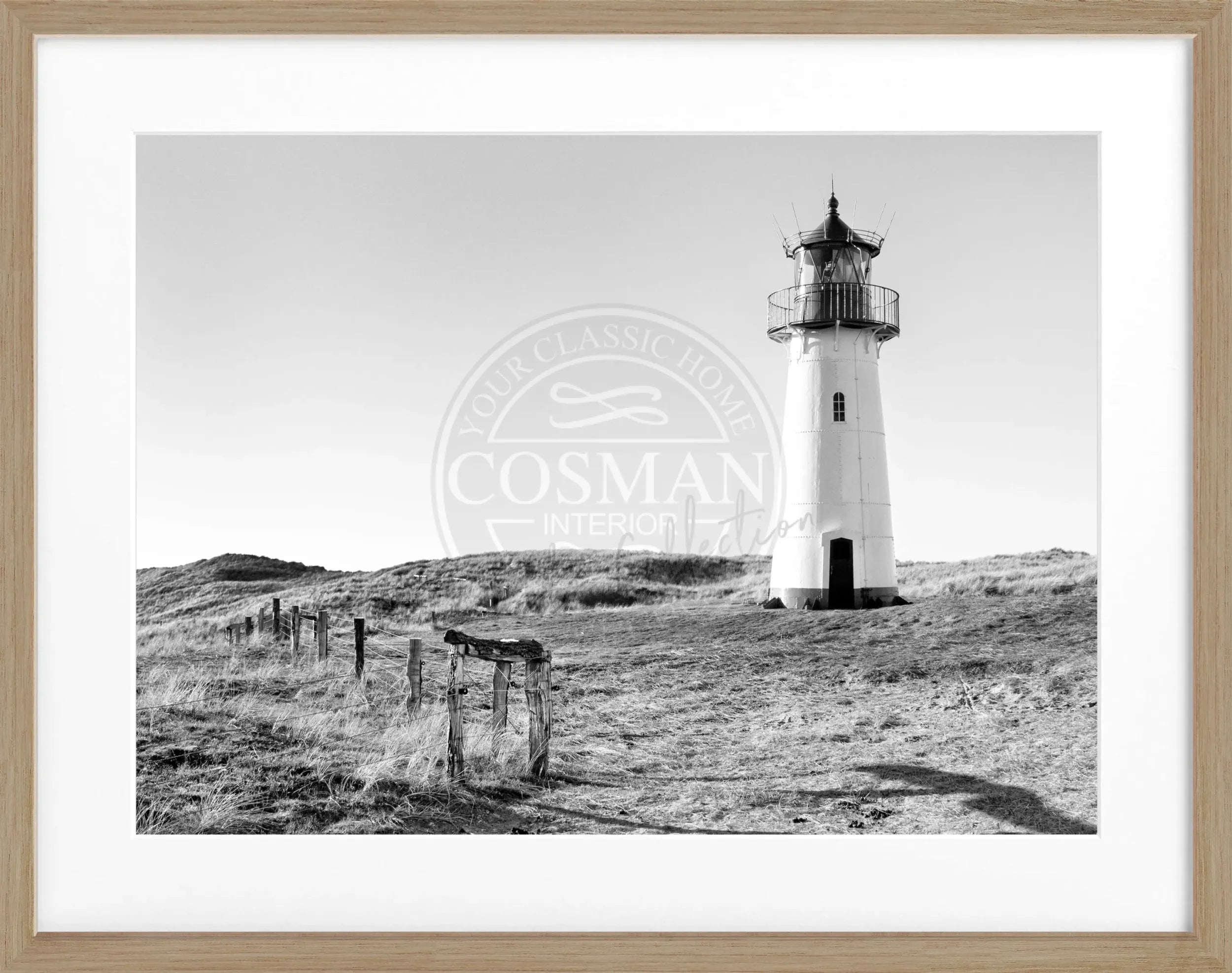 Schwarz-weiß Poster mit Rahmen, zeigt den Leuchtturm List auf Sylt, von Cosman-Photocollection, 31x25cm, Wanddekoration