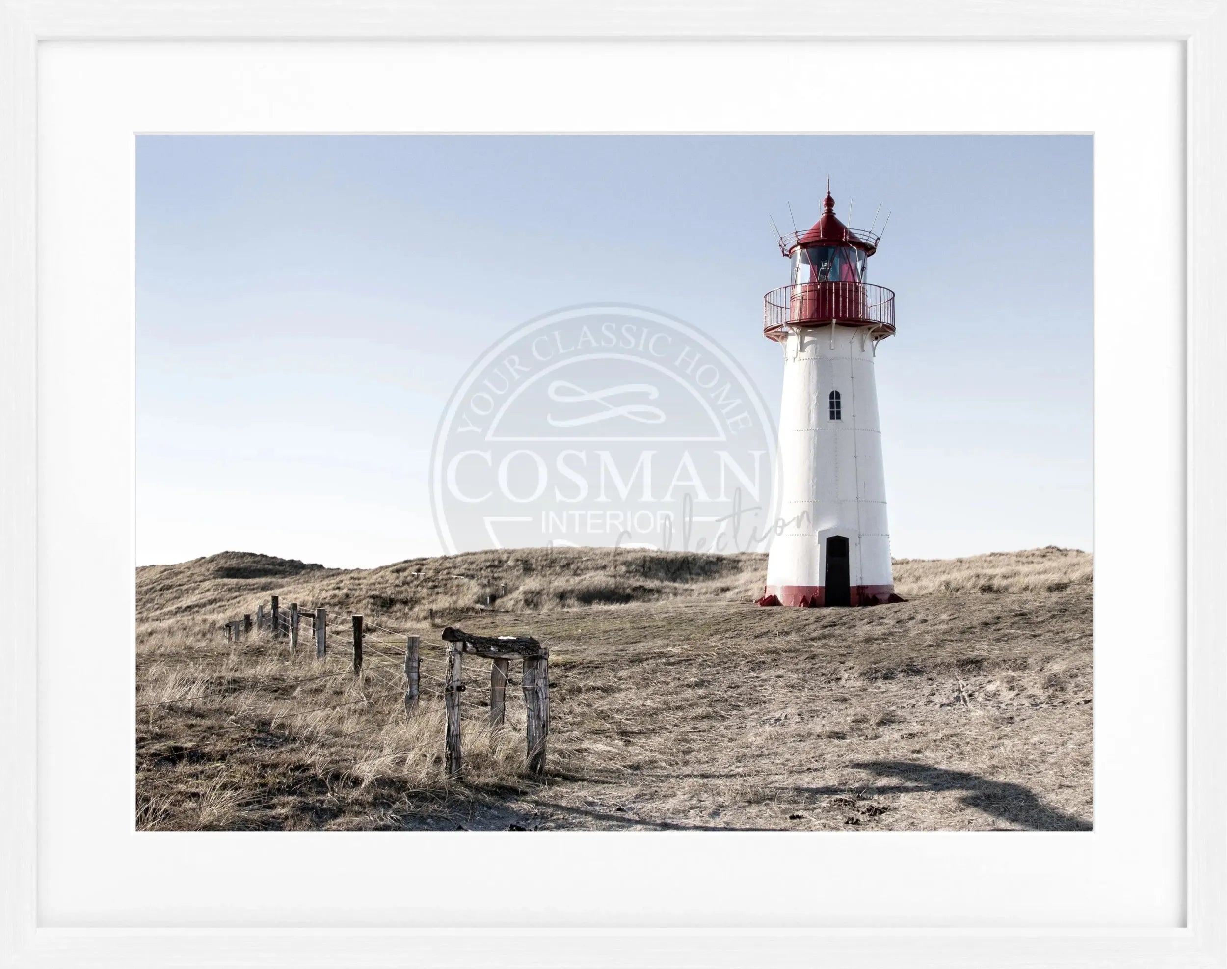 Schwarz-weiß Poster mit Rahmen von Cosman-Photocollection, Leuchtturm List auf Sylt, 31x25 cm, Wanddekoration