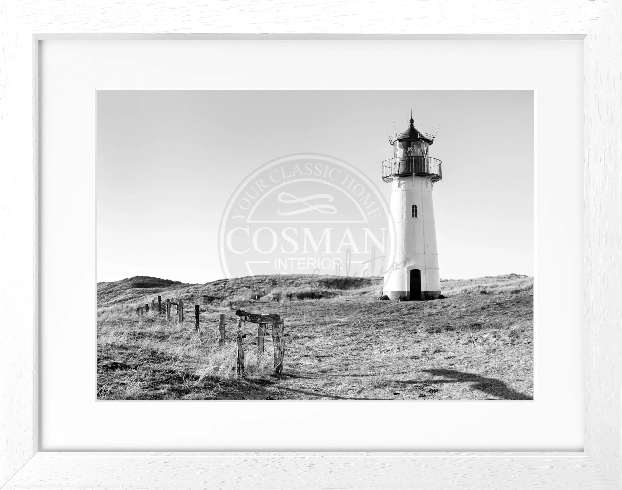 Schwarz-weiß Poster mit Rahmen von Cosman-Photocollection, Leuchtturm List auf Sylt, Motiv in 31x25cm, Wanddekoration