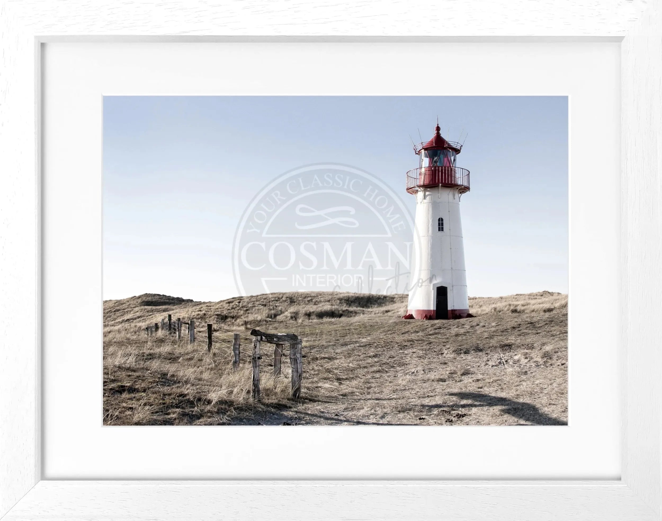 Schwarz-weiß Poster mit Rahmen von Cosman-Photocollection, zeigt den Leuchtturm List auf Sylt, Maße 31x25 cm, stilvolle Wanddekoration
