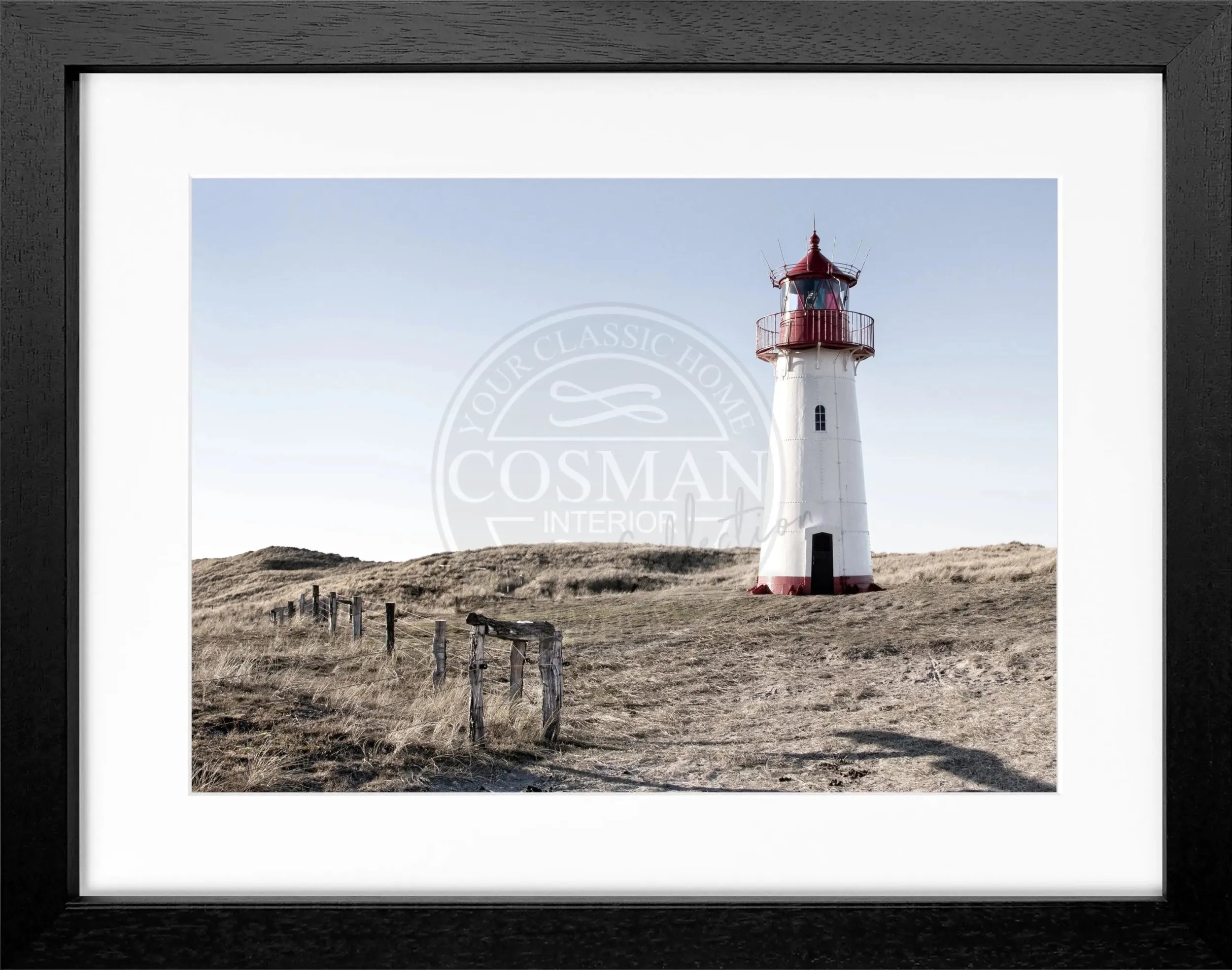 Schwarz-weiß Poster mit Rahmen, zeigt den Leuchtturm List auf Sylt, von Cosman-Photocollection, 31x25cm, Wanddekoration