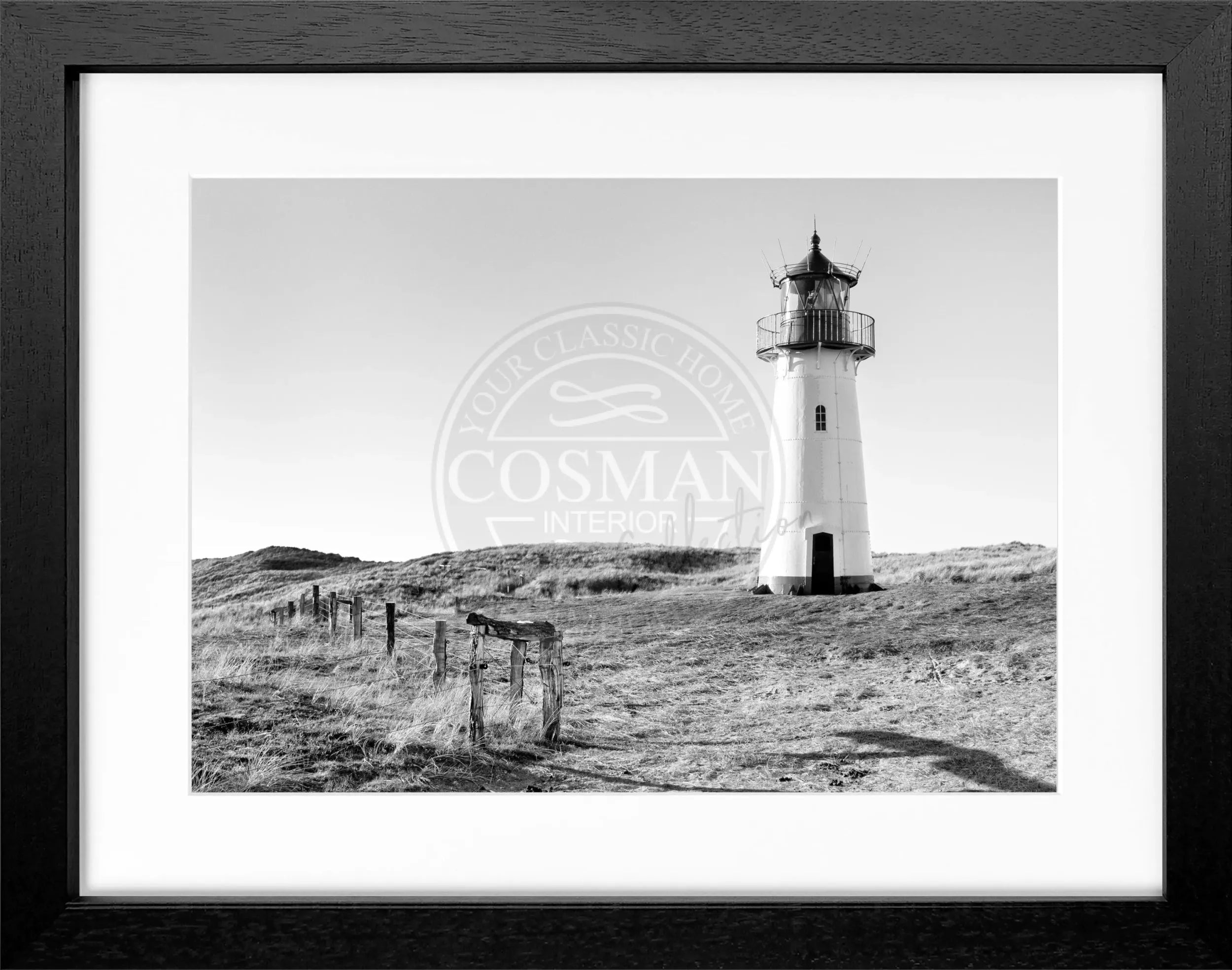 Schwarz-weiß Poster mit Rahmen, zeigt den Leuchtturm List auf Sylt, von Cosman-Photocollection, 31x25 cm, Wanddekoration