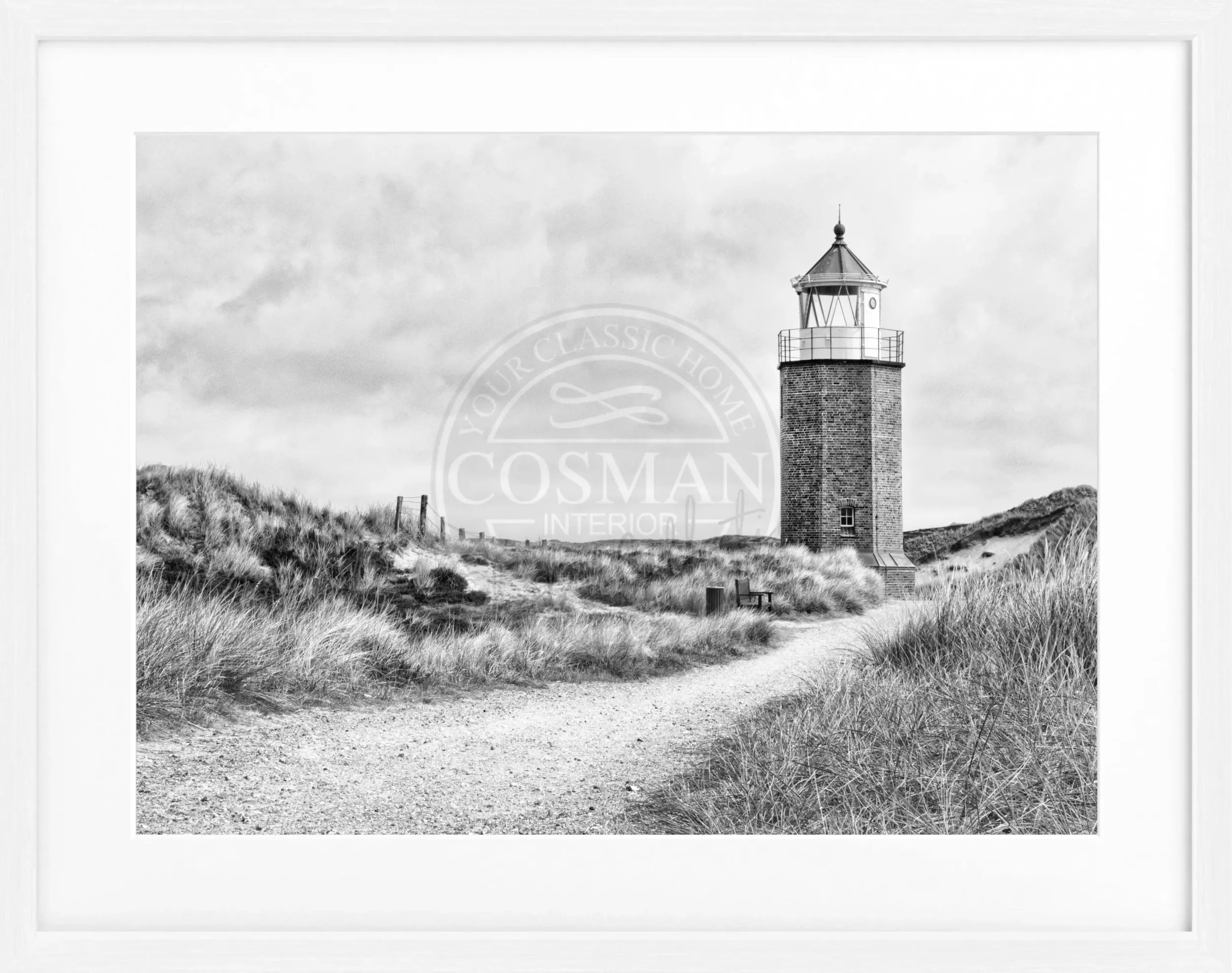 Schwarz-weiß Poster mit Rahmen, zeigt den Leuchtturm am Roten Kliff auf Sylt, von Cosman-Photocollection, 31x25 cm