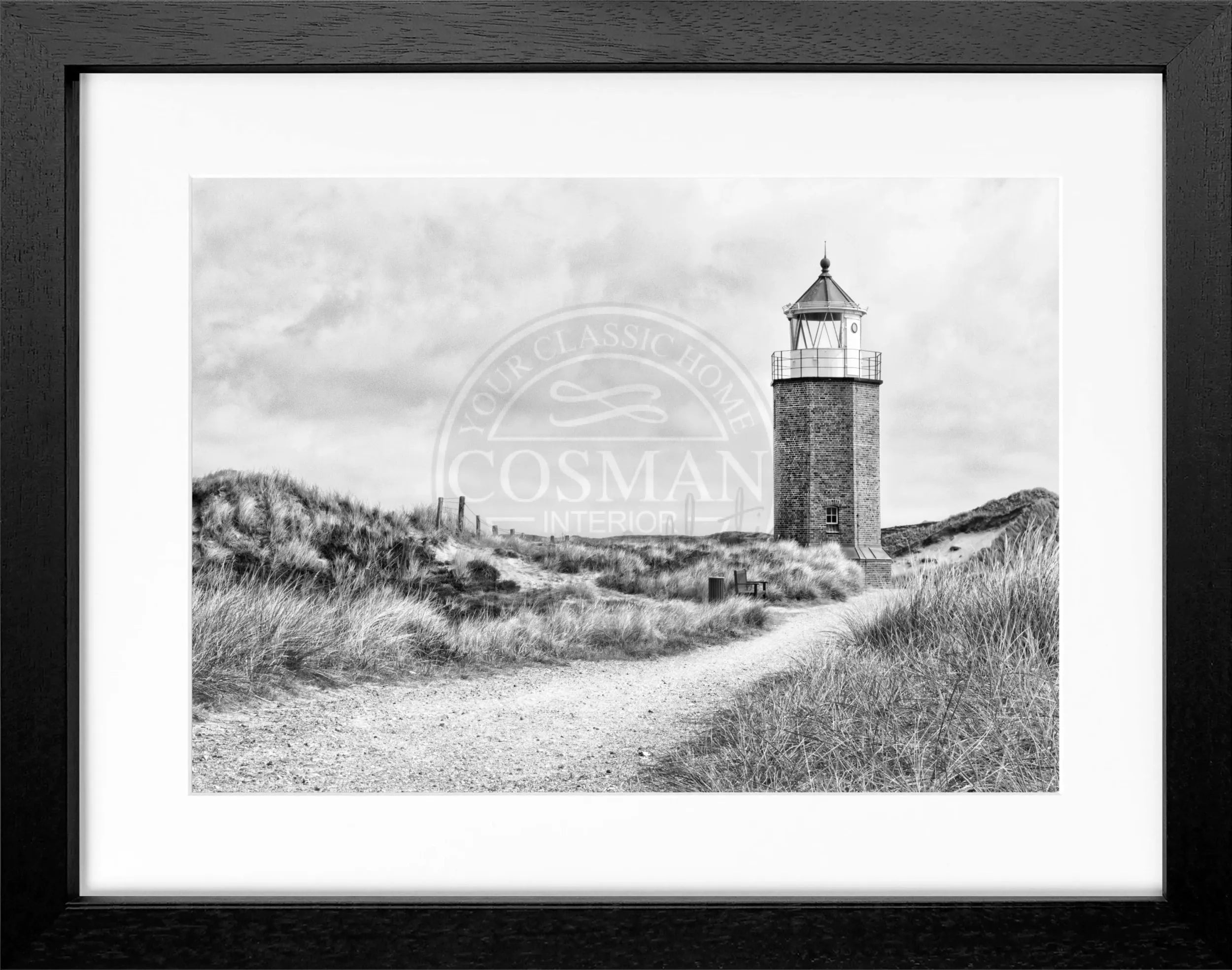 Schwarz-weiß Poster mit Rahmen von Sylt, zeigt den Leuchtturm am Roten Kliff, von Cosman-Photocollection, 31x25cm.