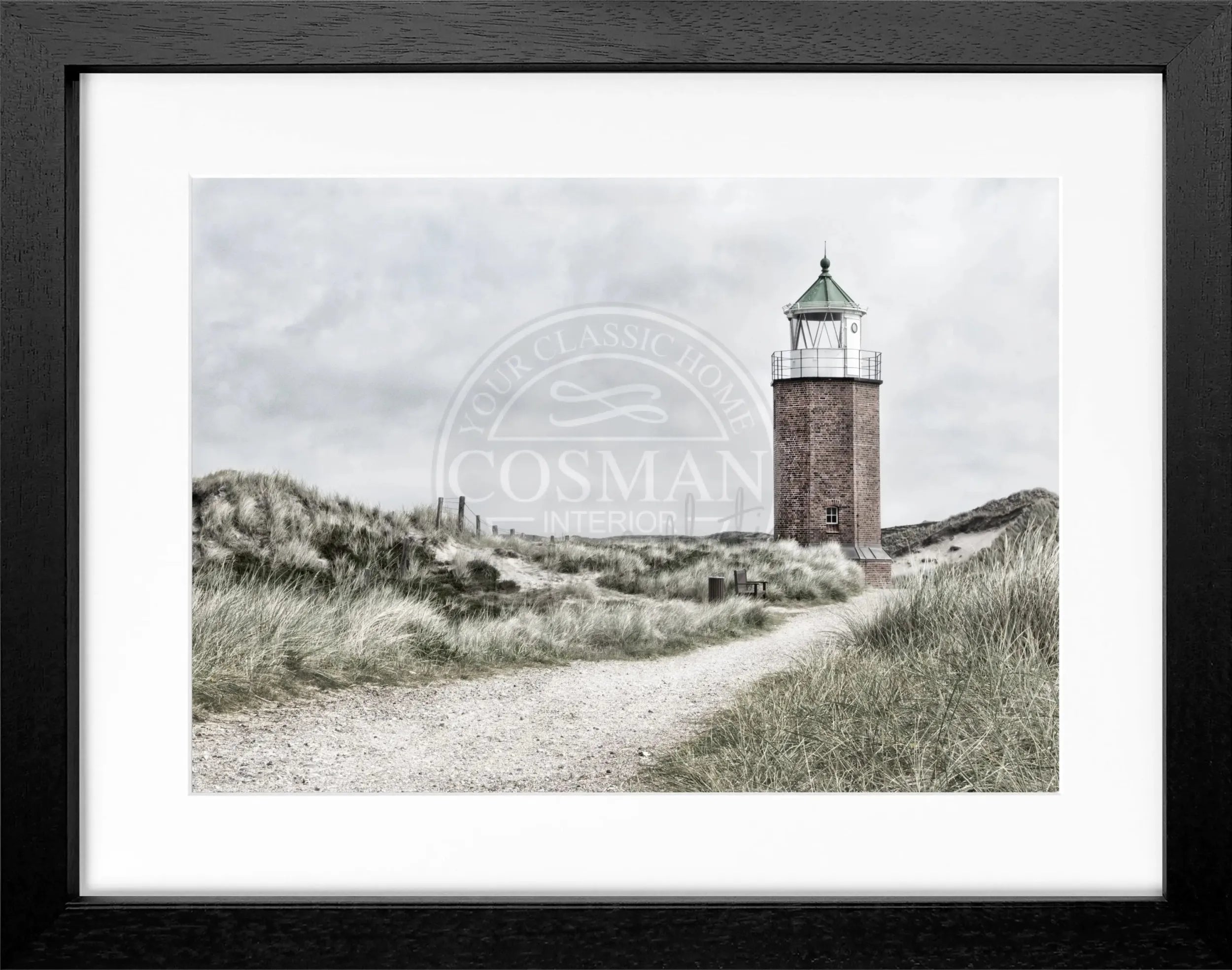Schwarz-weiß Poster mit Rahmen, zeigt den Leuchtturm Sylt am Roten Kliff, von Cosman-Photocollection, 31x25 cm