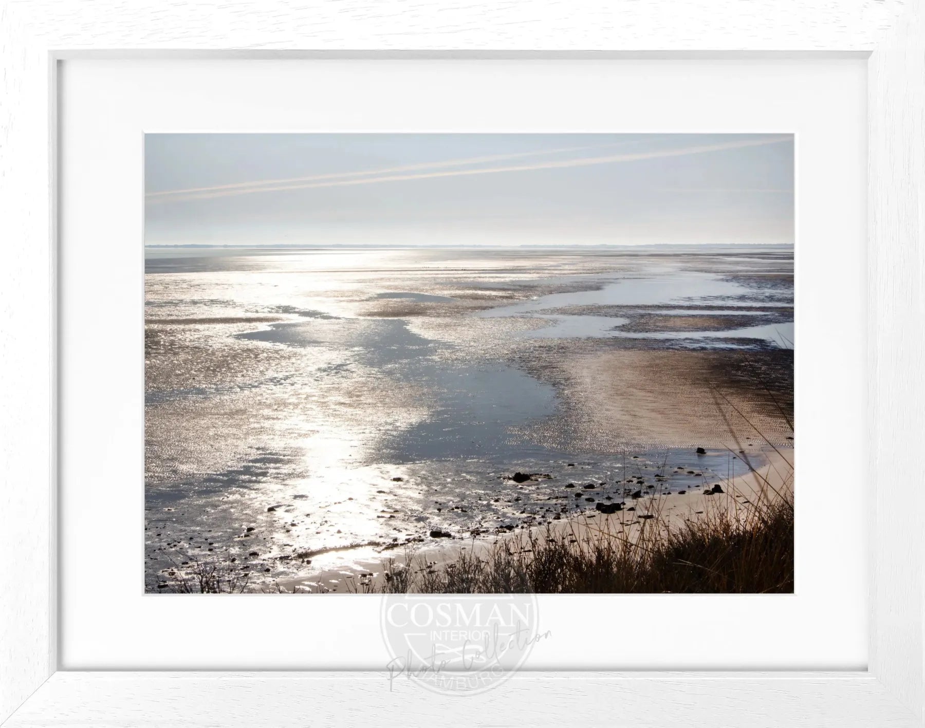 Schwarz-weiß Poster mit Holzrahmen, Sylt Wattenmeer, Cosman-Photocollection, 31cm x 25cm, maritime Naturaufnahme