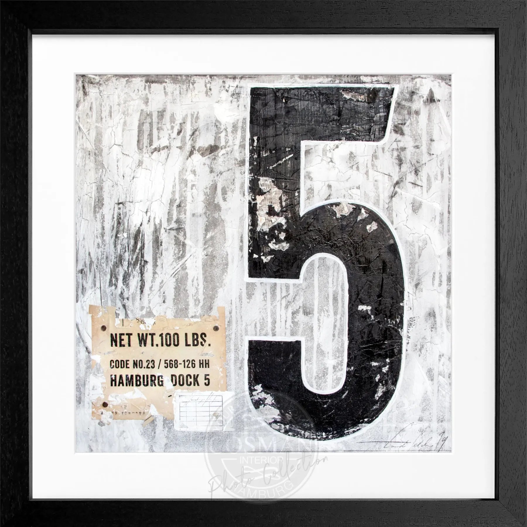 Schwarz-weißer Poster mit Rahmen ’Fünf’ GM11 von Cosman-Photocollection, quadratisch 55x55cm, modernes Kunstmotiv