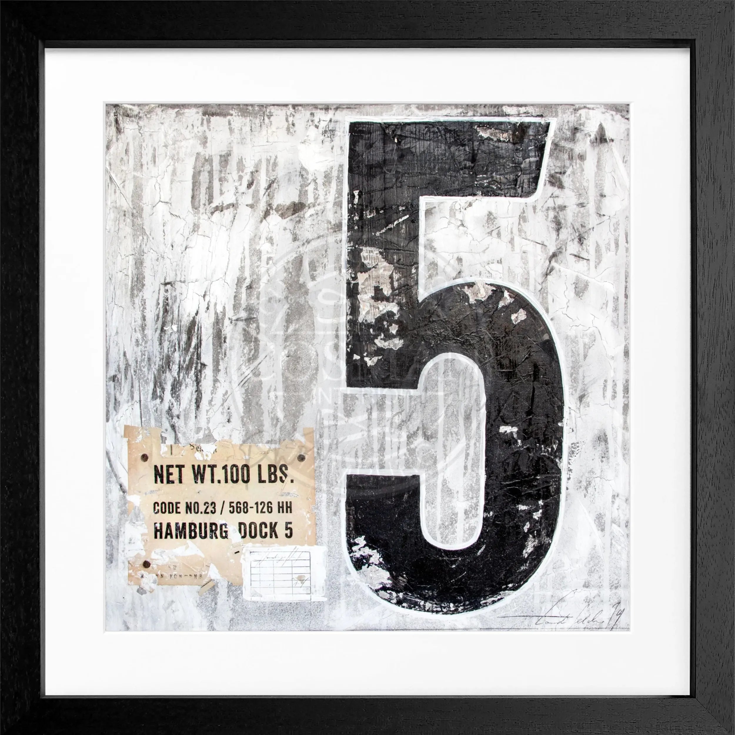Schwarz-weißer Poster mit Rahmen ’Fünf’ GM11 von Cosman-Photocollection, quadratisch 55x55cm, modernes Kunstmotiv