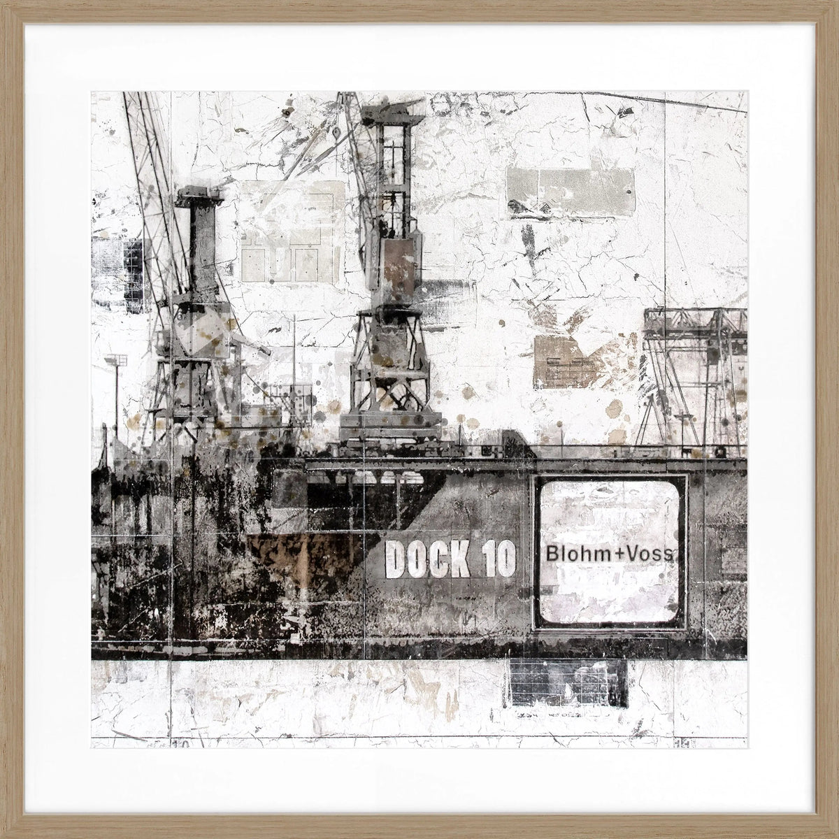 Schwarz-weißes Poster mit Rahmen ’Dock 10’ Hafen Hamburg von Cosman-Photocollection, quadratisch 55x55cm, maritime Stadtansicht