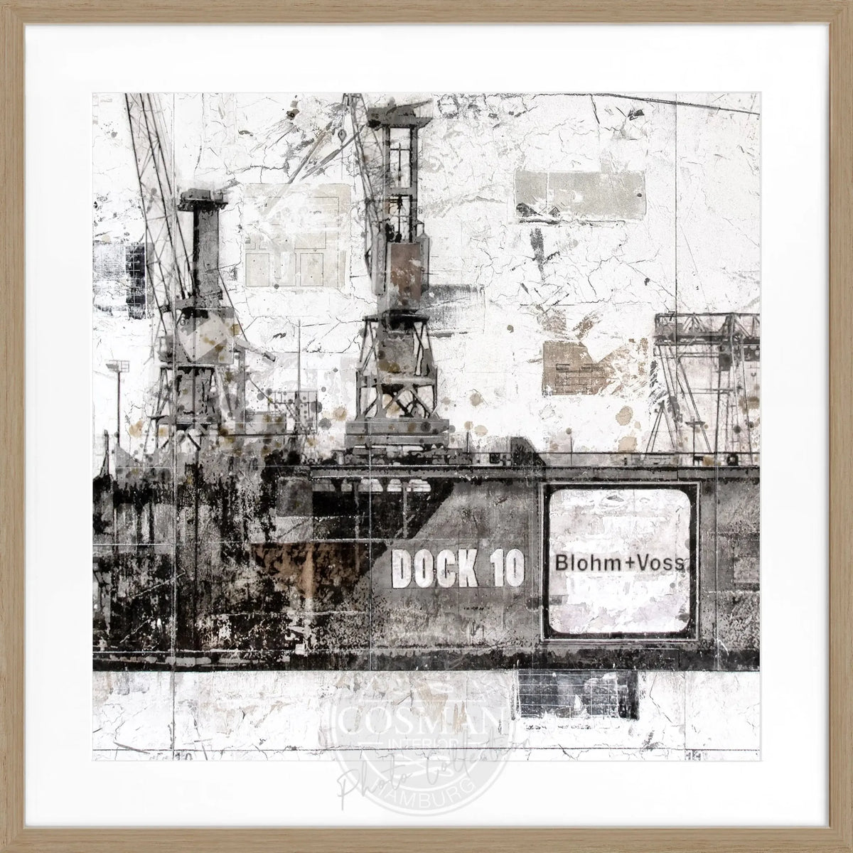 Schwarz-weißes Poster mit Rahmen ’Dock 10’ Hafen Hamburg von Cosman-Photocollection, quadratisch 55x55cm, maritime Stadtansicht