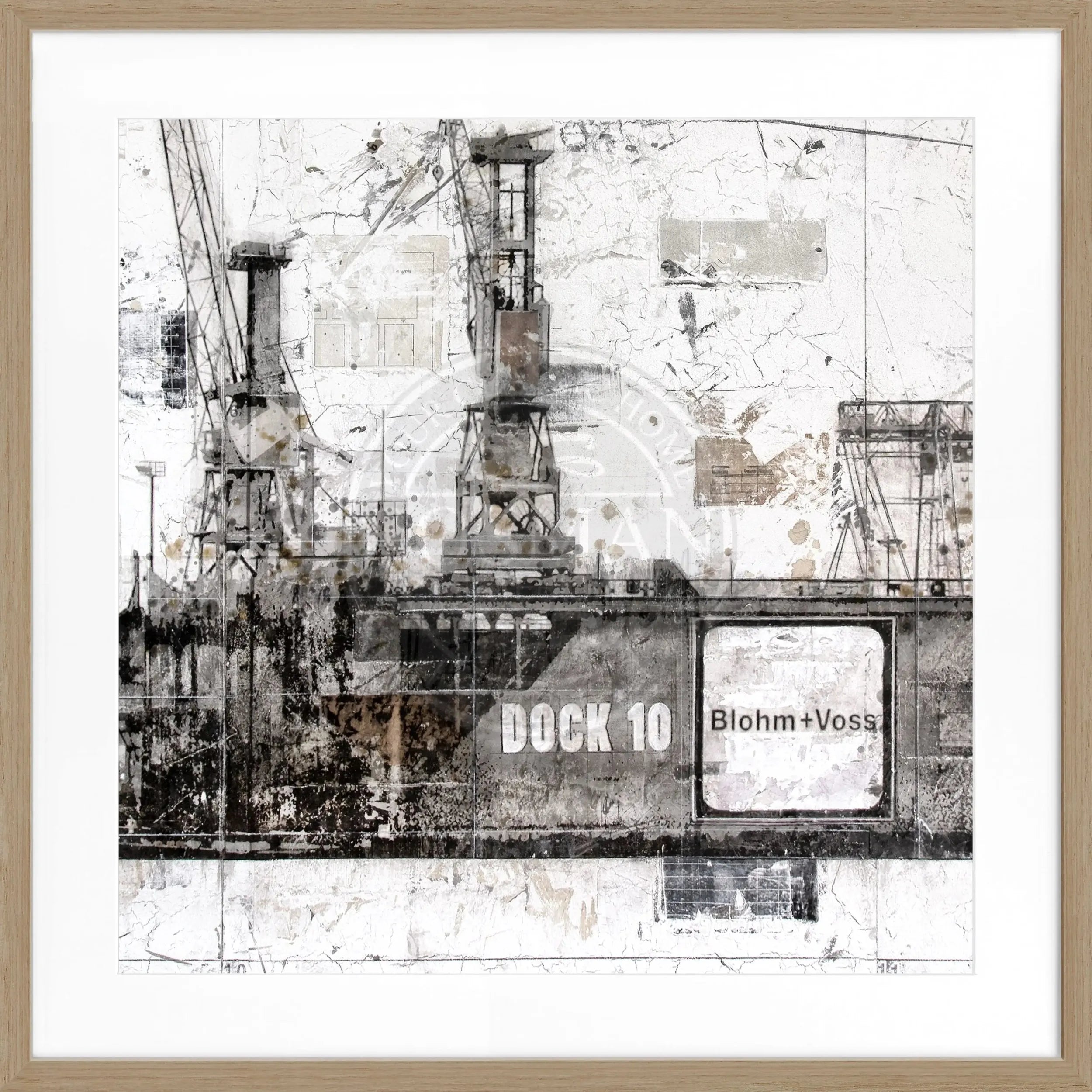 Schwarz-weißes Poster mit Rahmen ’Dock 10’ Hafen Hamburg von Cosman-Photocollection, quadratisch 55x55cm, maritime Stadtansicht