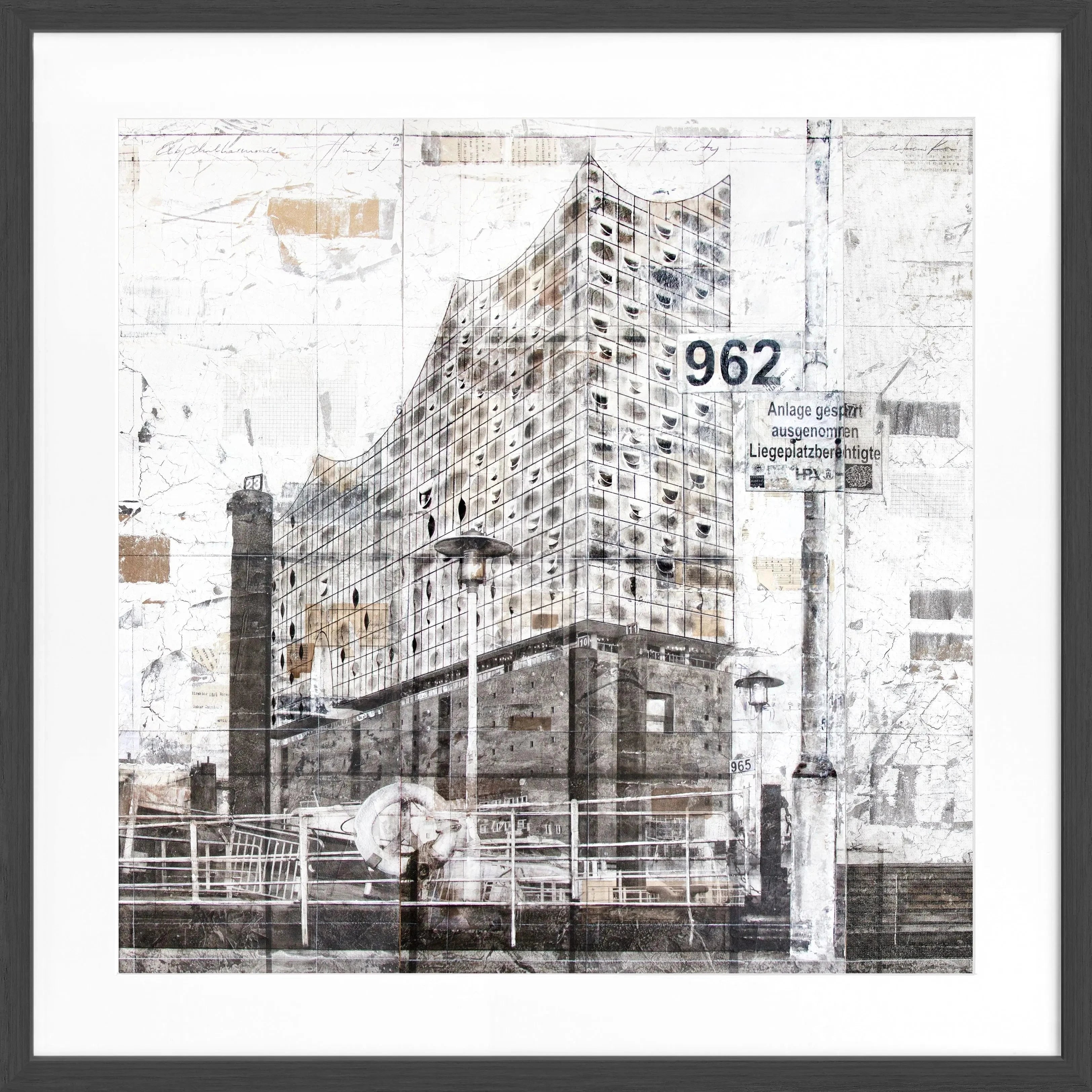 Schwarz-weiß Poster mit Rahmen der Elbphilharmonie Hamburg, 55x55cm, von Cosman-Photocollection, modernes Wandbild