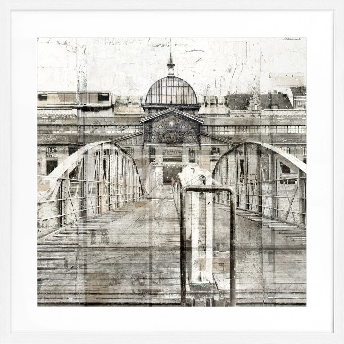 Schwarz-weißer Poster mit Rahmen von Cosman-Photocollection, Fischauktionshalle im Hamburger Hafen, quadratisch 55x55cm