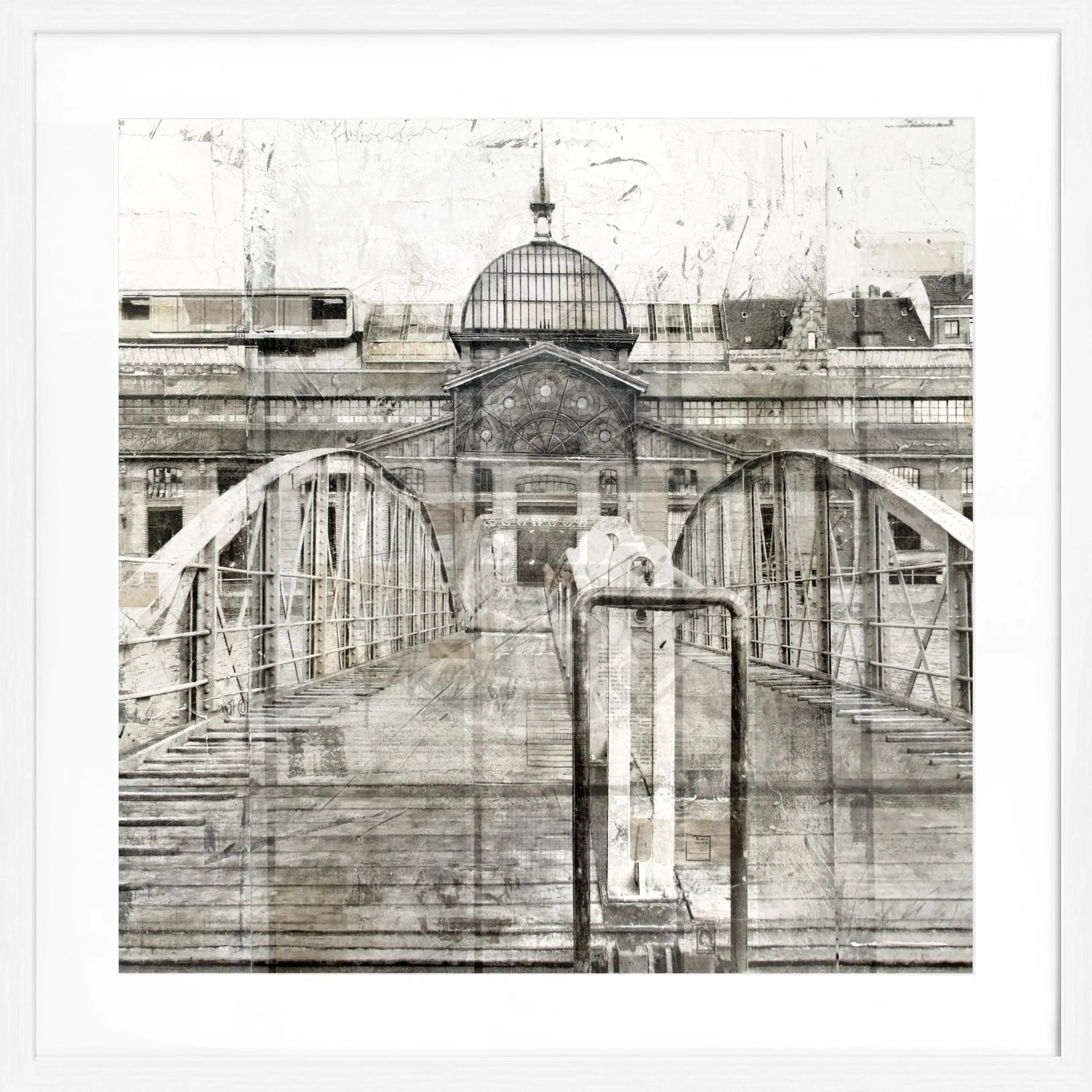 Schwarz-weißer Poster mit Rahmen von Cosman-Photocollection, Fischauktionshalle im Hamburger Hafen, quadratisch 55x55cm