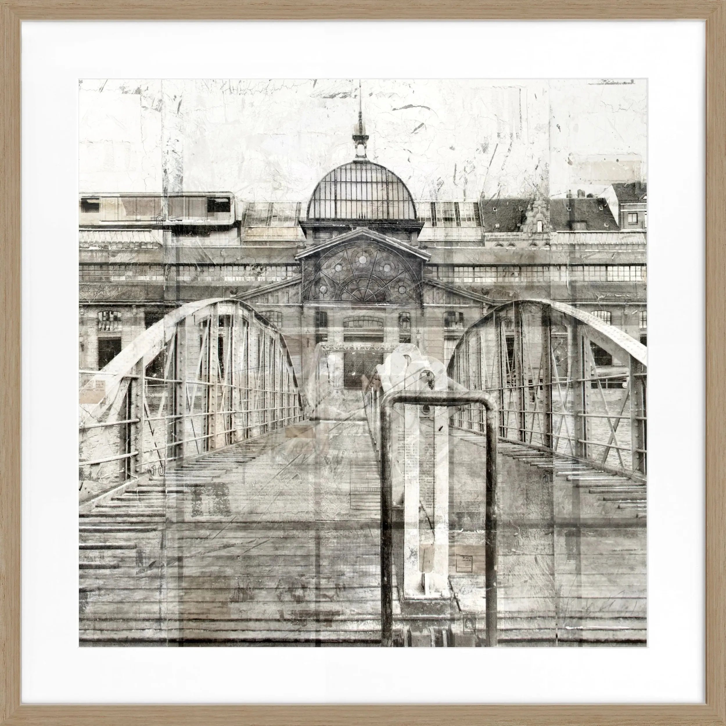 Schwarz-weiß Poster der Fischauktionshalle im Hamburger Hafen von Cosman-Photocollection, gerahmt, 55x55 cm.