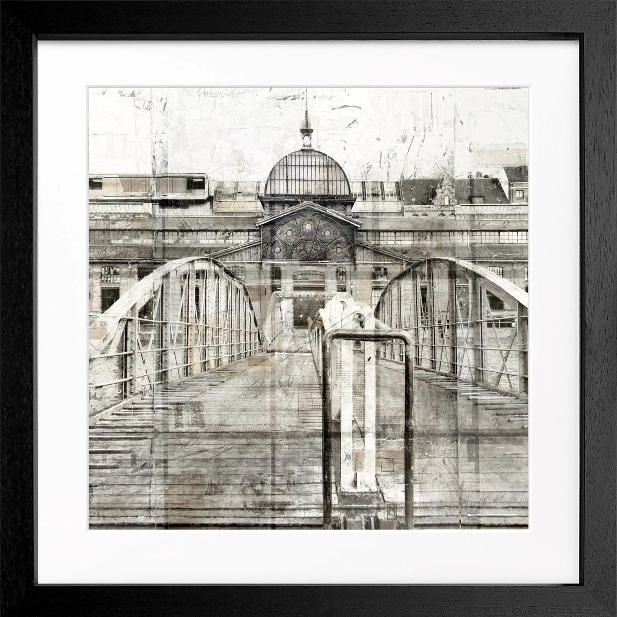 Schwarz-weiß Poster der Fischauktionshalle im Hamburger Hafen, im 55x55cm Rahmen, von Cosman-Photocollection.