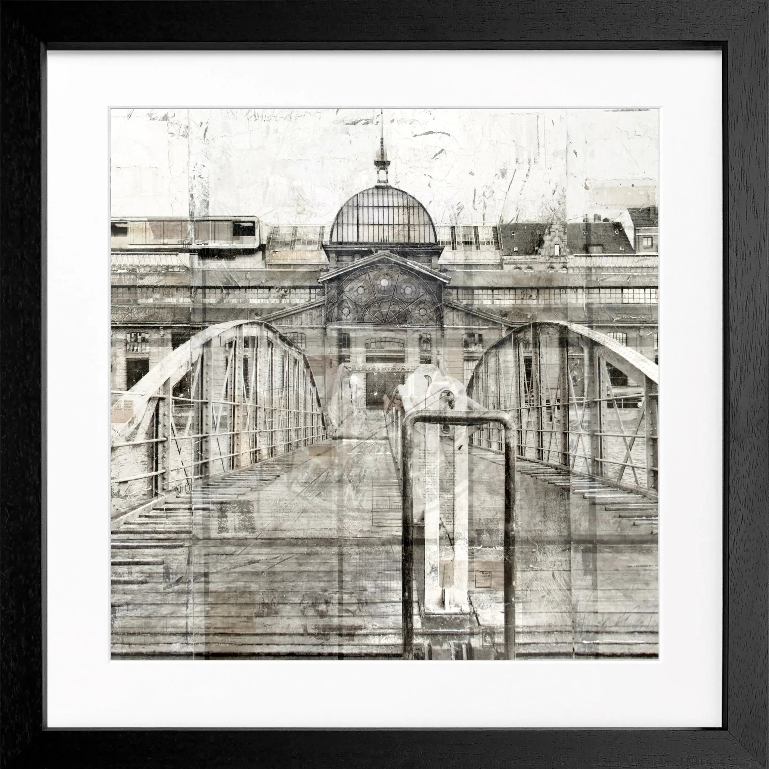 Schwarz-weiß Poster der Fischauktionshalle im Hamburger Hafen, im 55x55cm Rahmen, von Cosman-Photocollection.