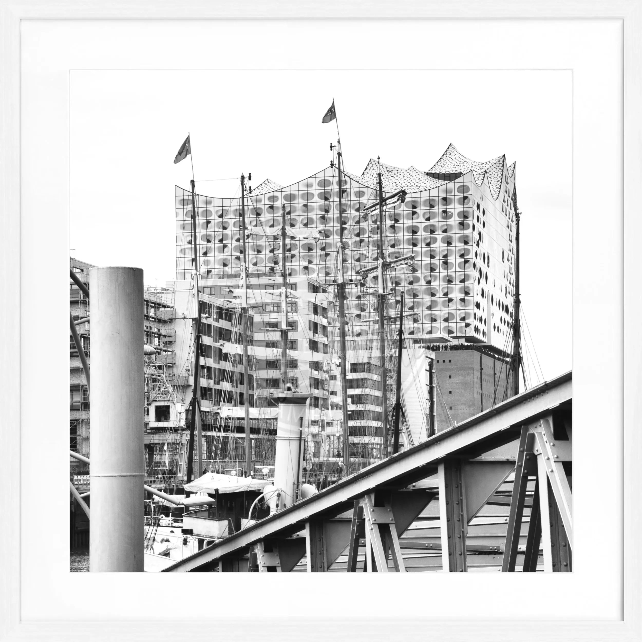 Schwarz-weißes Poster mit Rahmen, Hamburg Elphi, Cosman-Photocollection, 55x55cm, quadratisches Wandbild