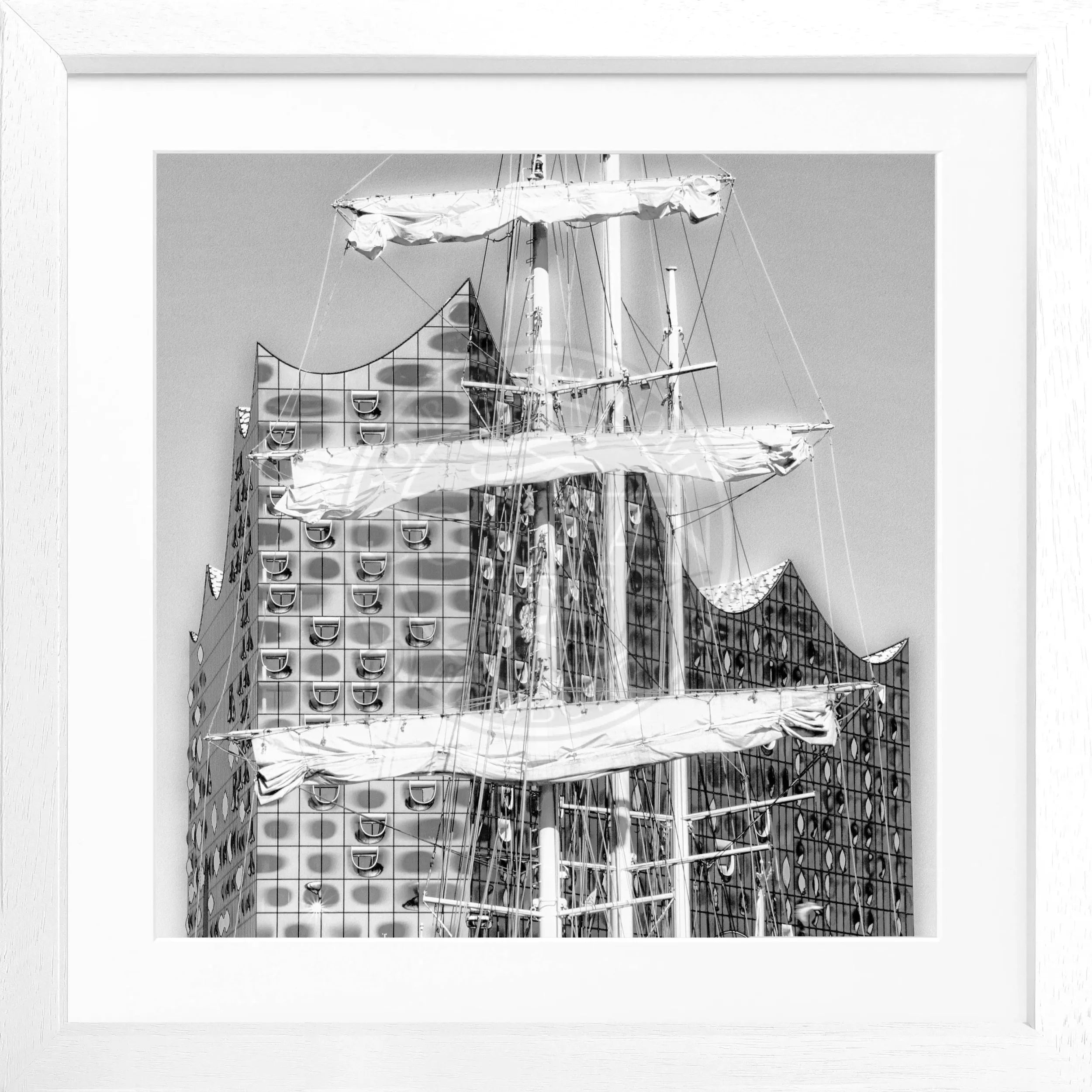Schwarz-weiß Poster mit Rahmen, Hamburg Hafen Hamburg HH06, von Cosman-Photocollection, 55x55cm, quadratisch, maritime Stadtansicht