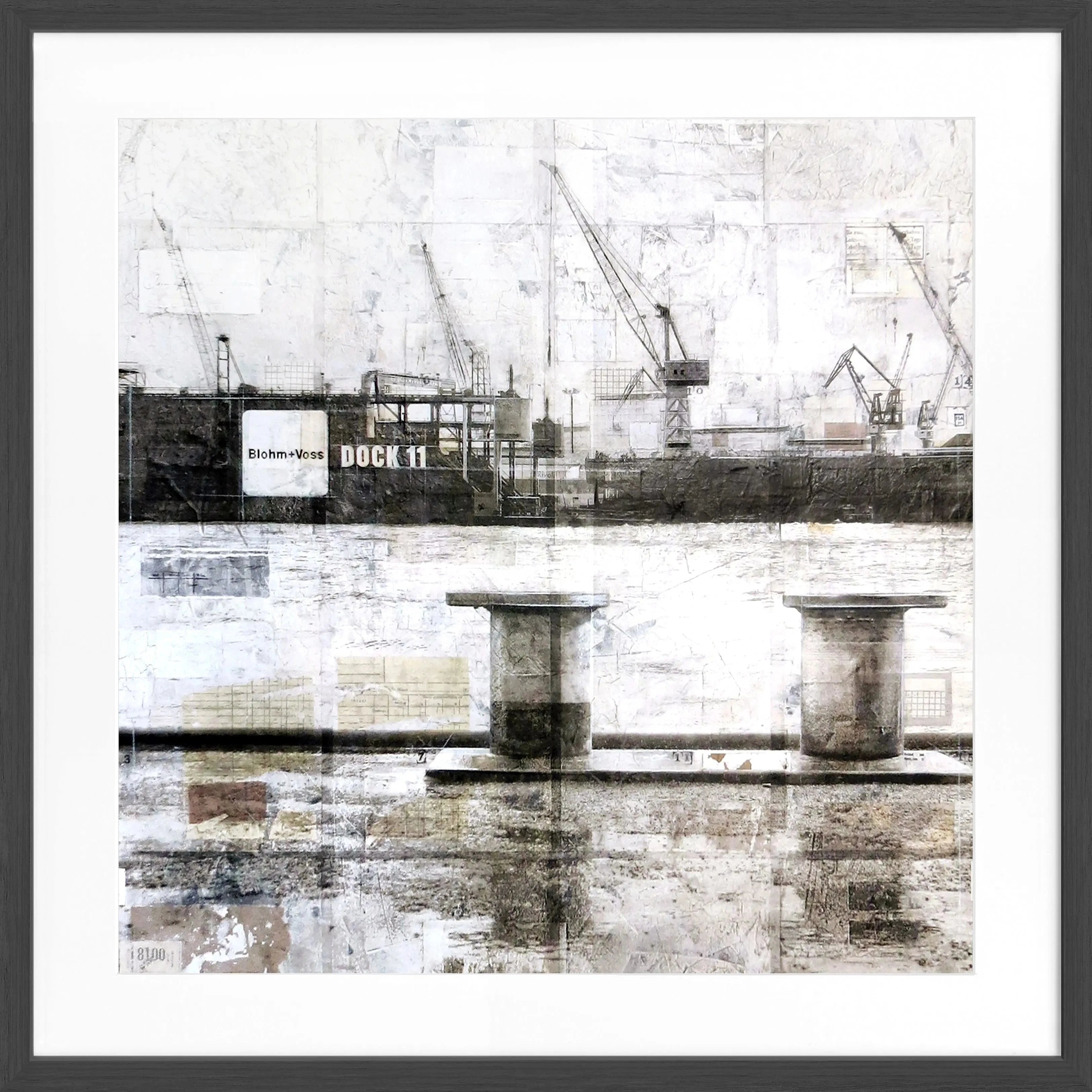 Schwarz-weißer Poster mit Rahmen, zeigt den Poller Hafen in Hamburg, von Cosman-Photocollection, 55x55 cm.