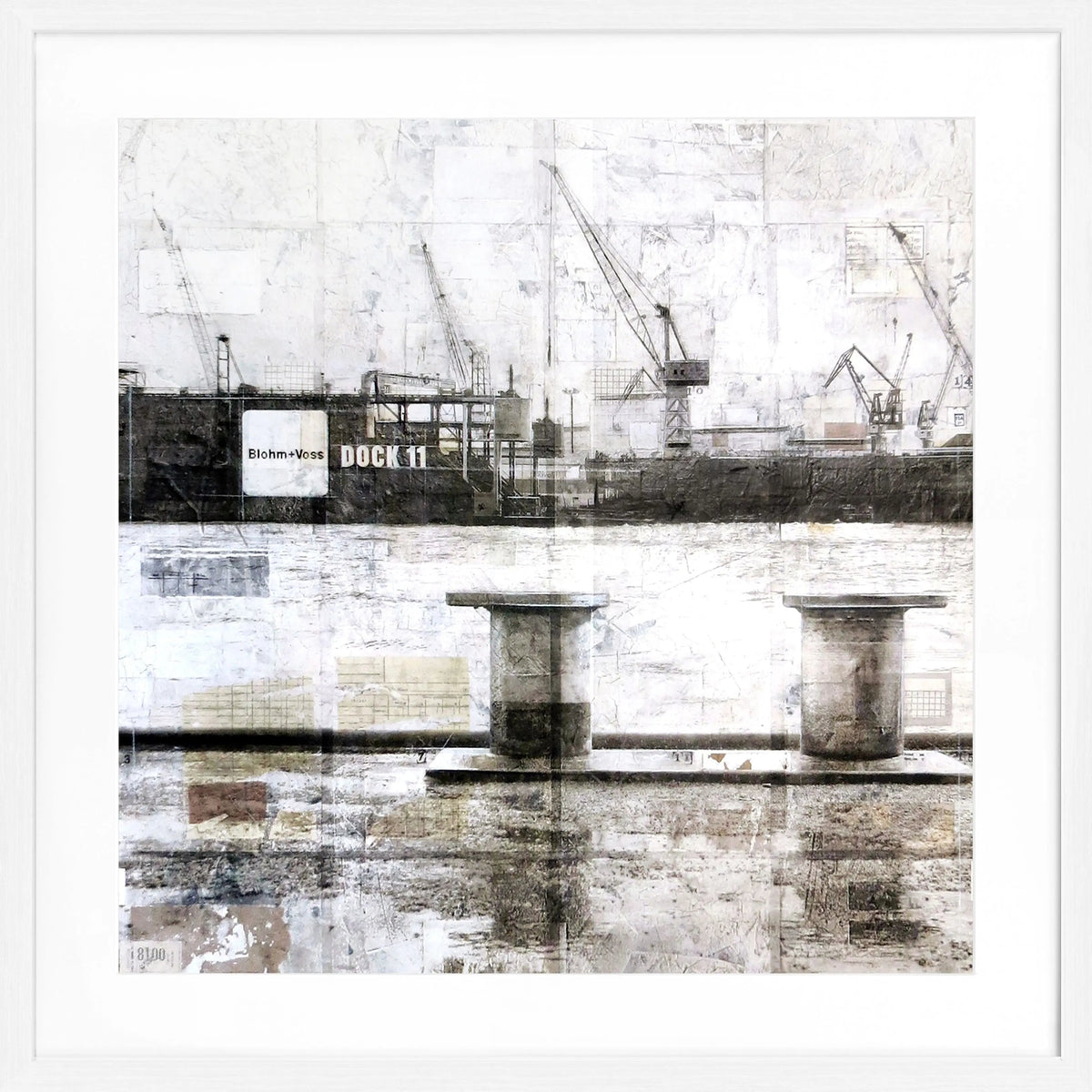 Schwarz-weiß Poster mit Rahmen von Cosman-Photocollection, Hafen Poller in Hamburg, quadratisch 55x55cm, maritime Dekoration