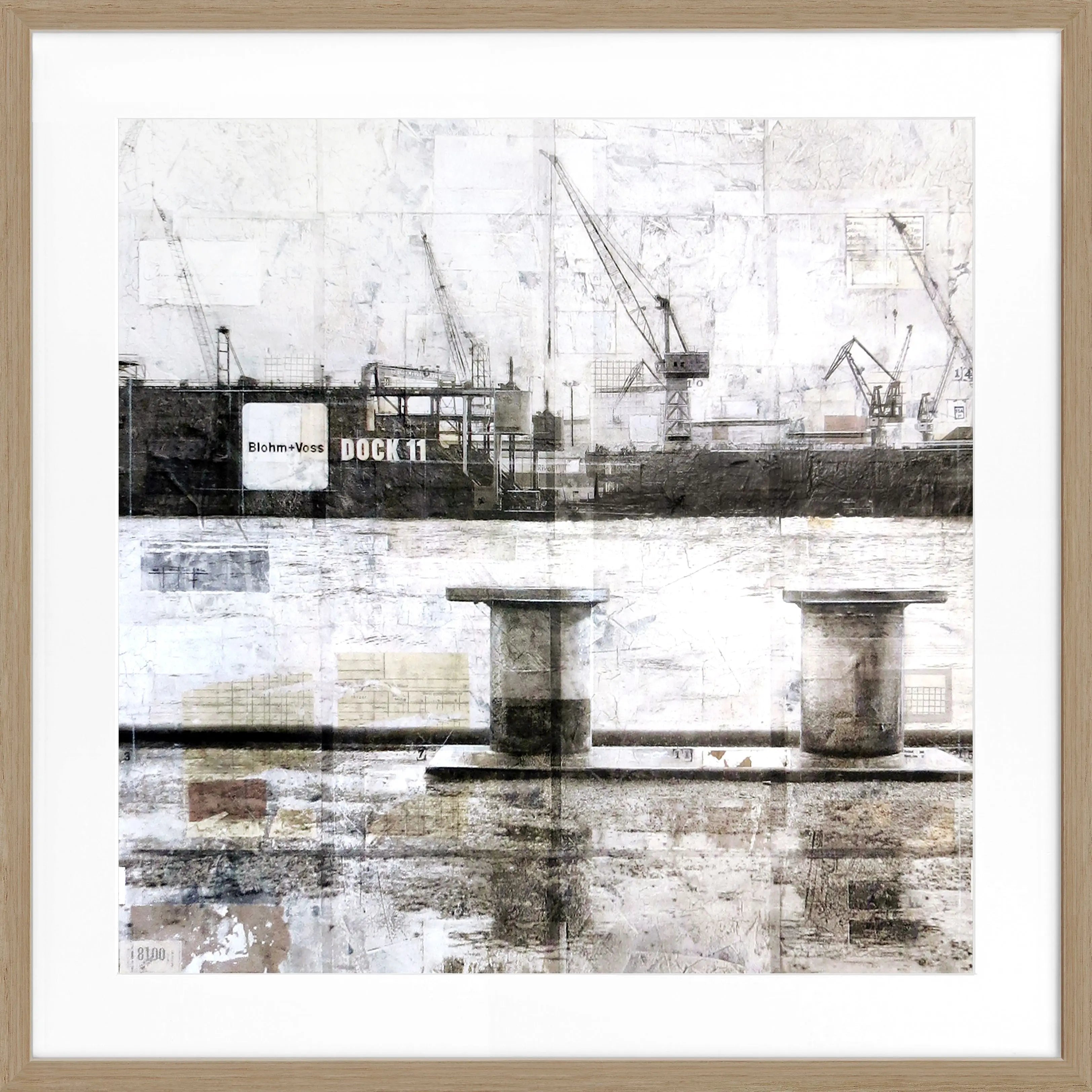 Schwarzweiß-Poster mit Rahmen ’Poller Hafen’ Hamburg von Cosman-Photocollection, quadratisches Bild, 55x55 cm
